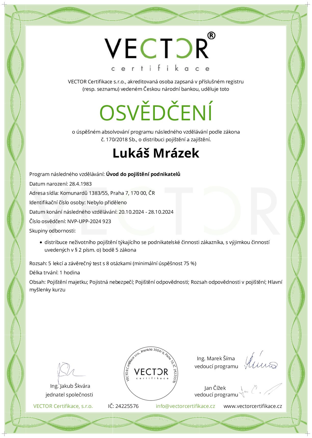 Osvědčení kurzu: Úvod do pojištění podnikatelů (NVP-UPP-2024)