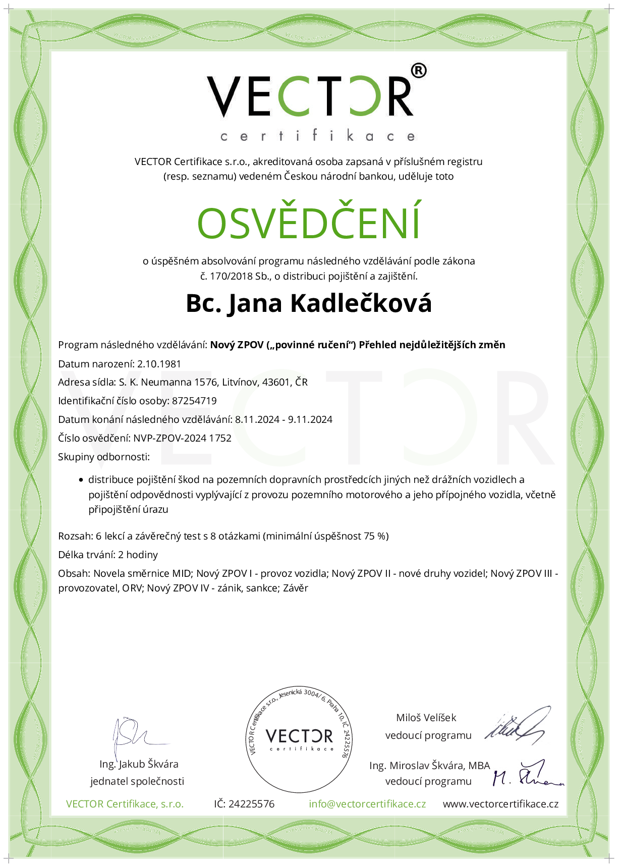 Osvědčení kurzu: Nový ZPOV („povinné ručení“) Přehled nejdůležitějších změn (NVP-ZPOV-2024)