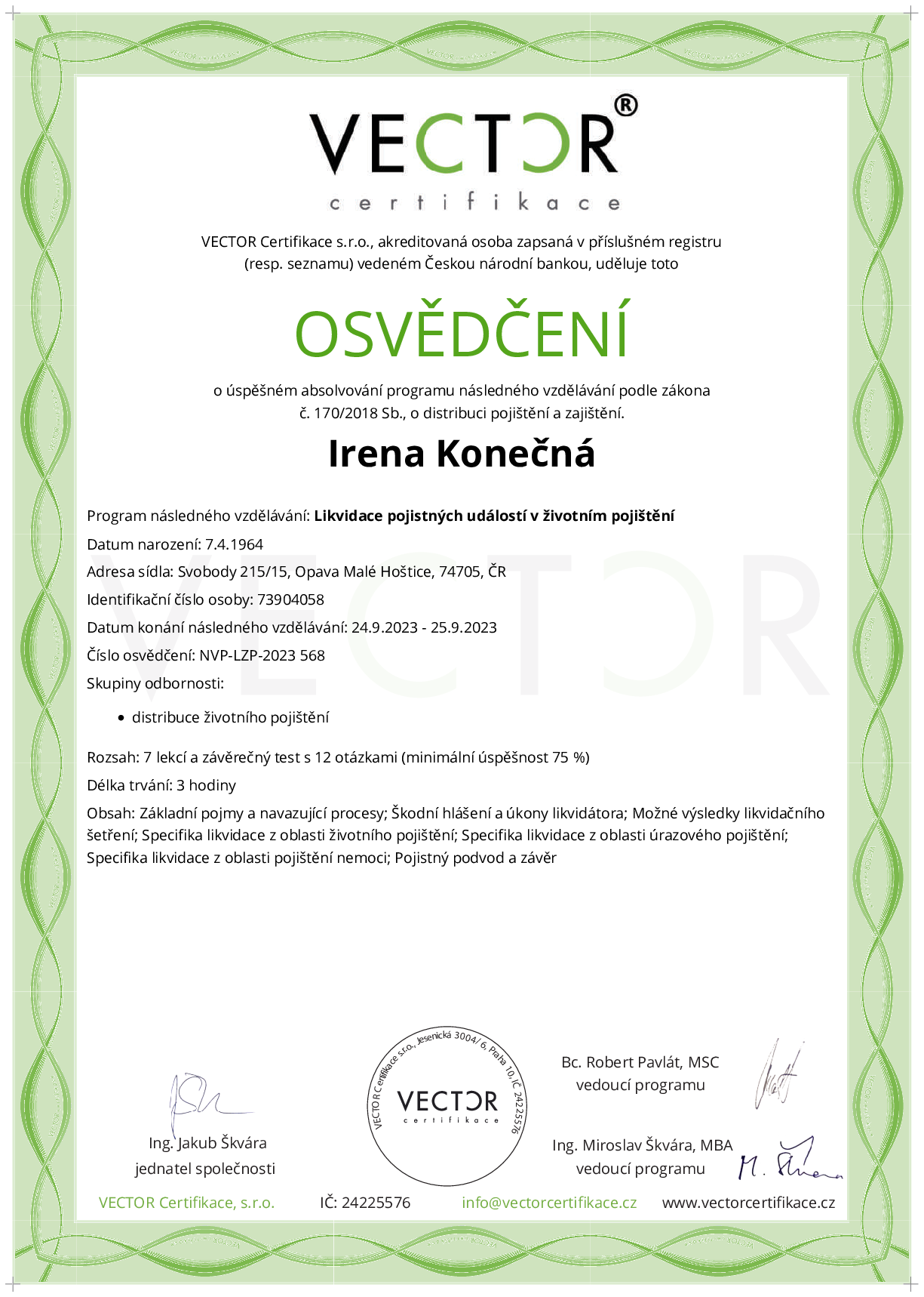 Osvědčení kurzu: Likvidace pojistných událostí v životním pojištění (NVP-LZP-2023)