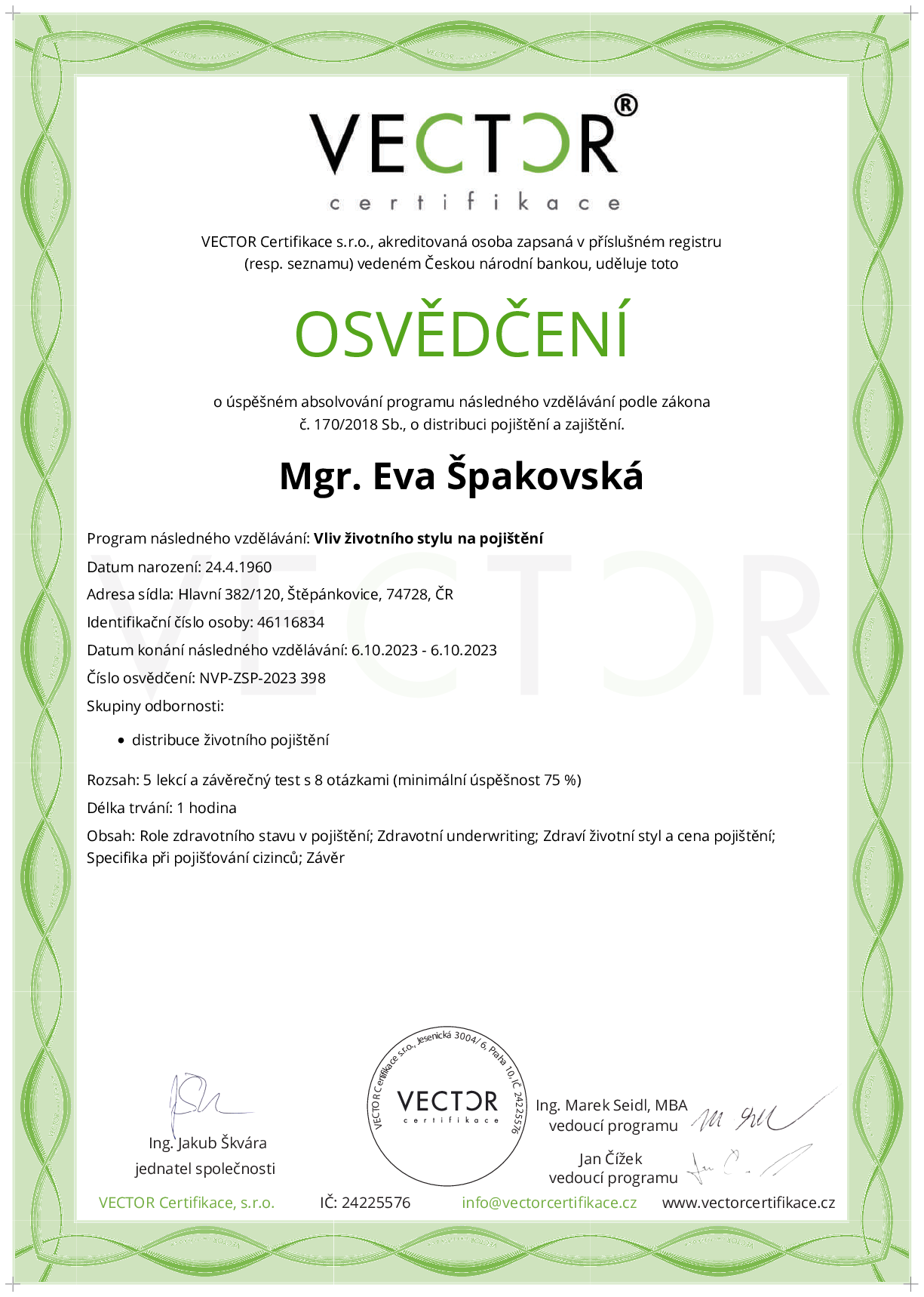 Osvědčení kurzu: Vliv životního stylu na pojištění (NVP-ZSP-2023)