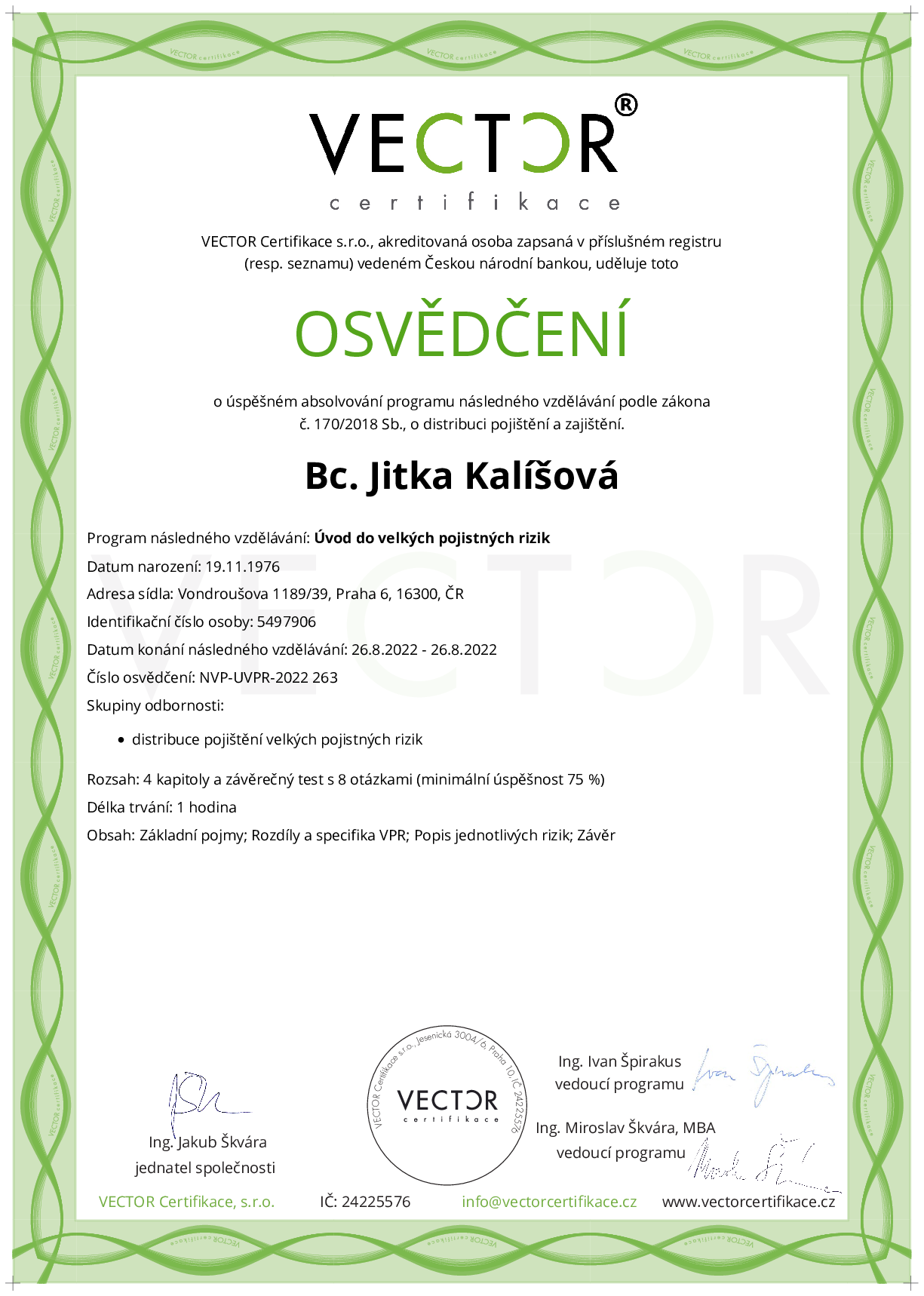Osvědčení kurzu: Úvod do velkých pojistných rizik (NVP-UVPR-2022)