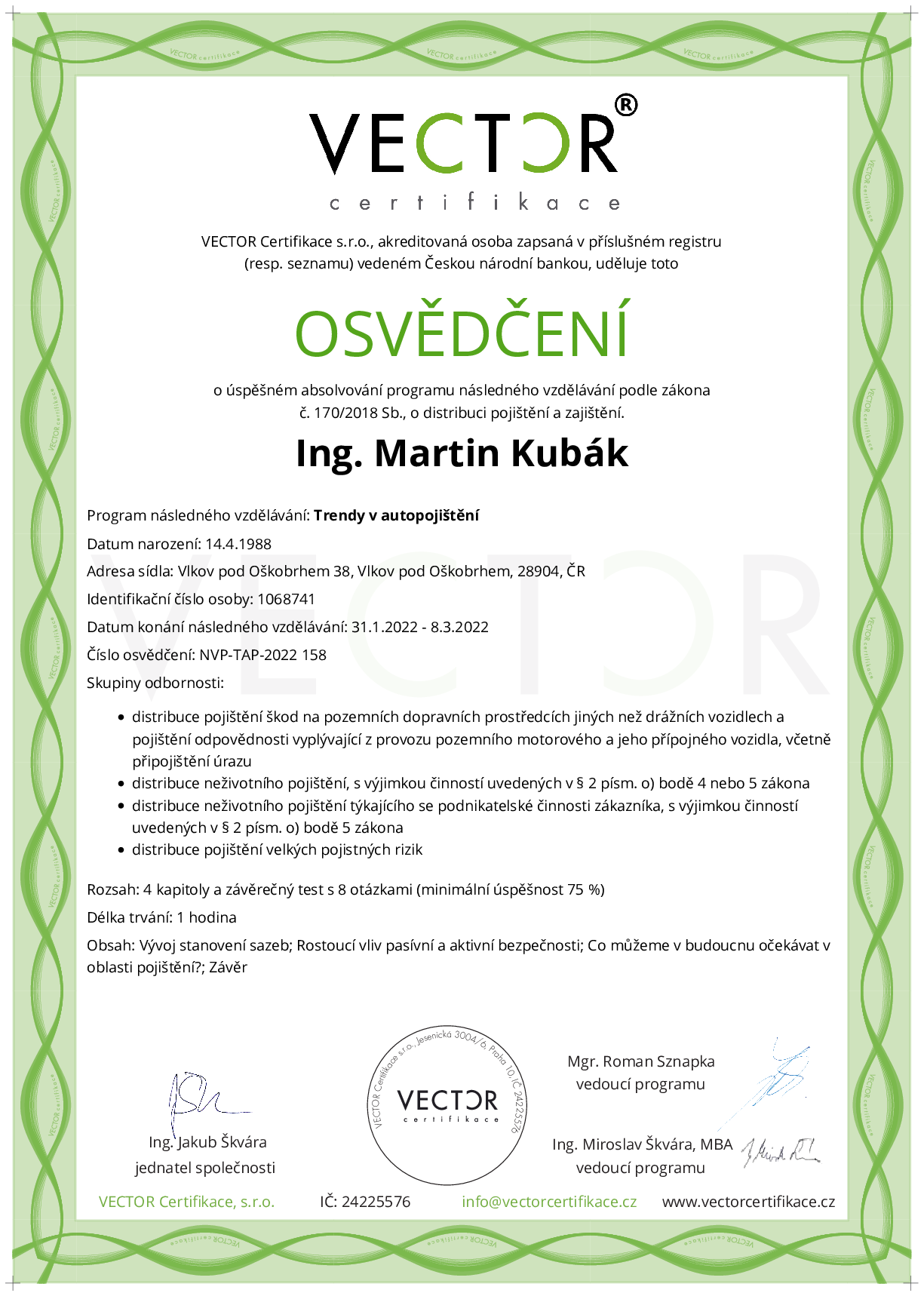 Osvědčení kurzu: Trendy v autopojištění (NVP-TAP-2022)