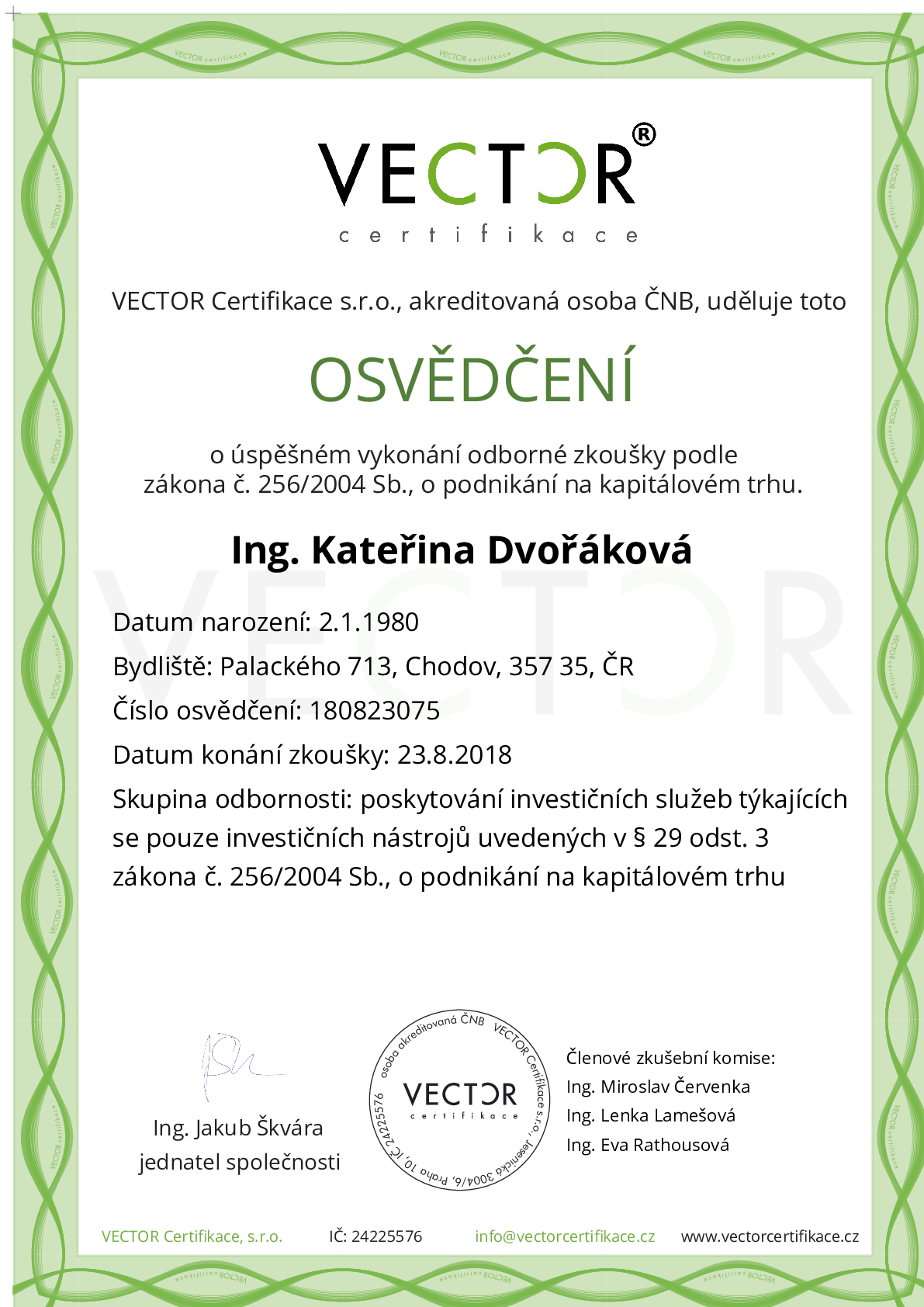 Osvědčení ze zkoušky: I. INV-ZPR - Investiční zprostředkovatel