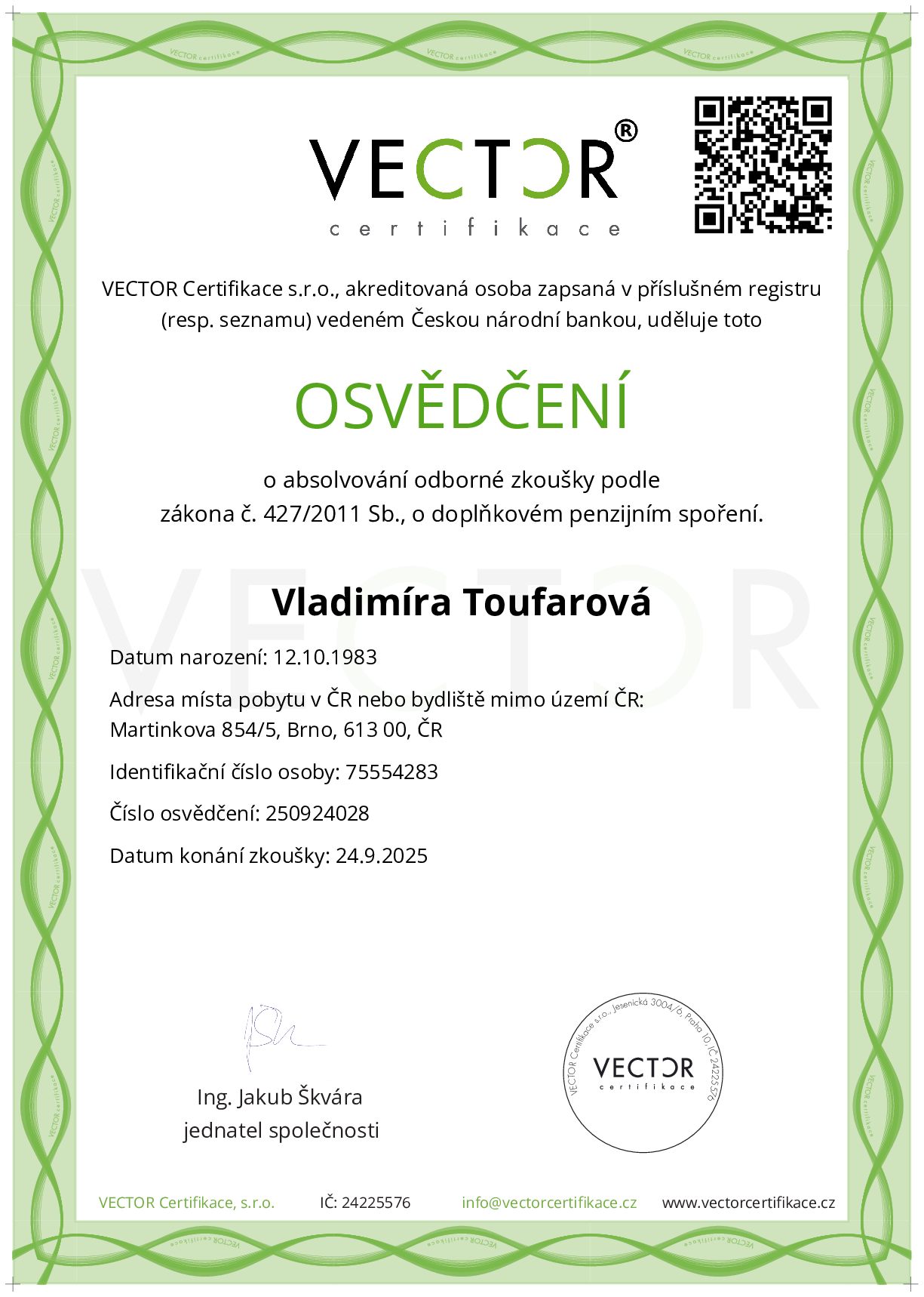 Osvědčení ze zkoušky: DPS - Doplňkové penzijní spoření