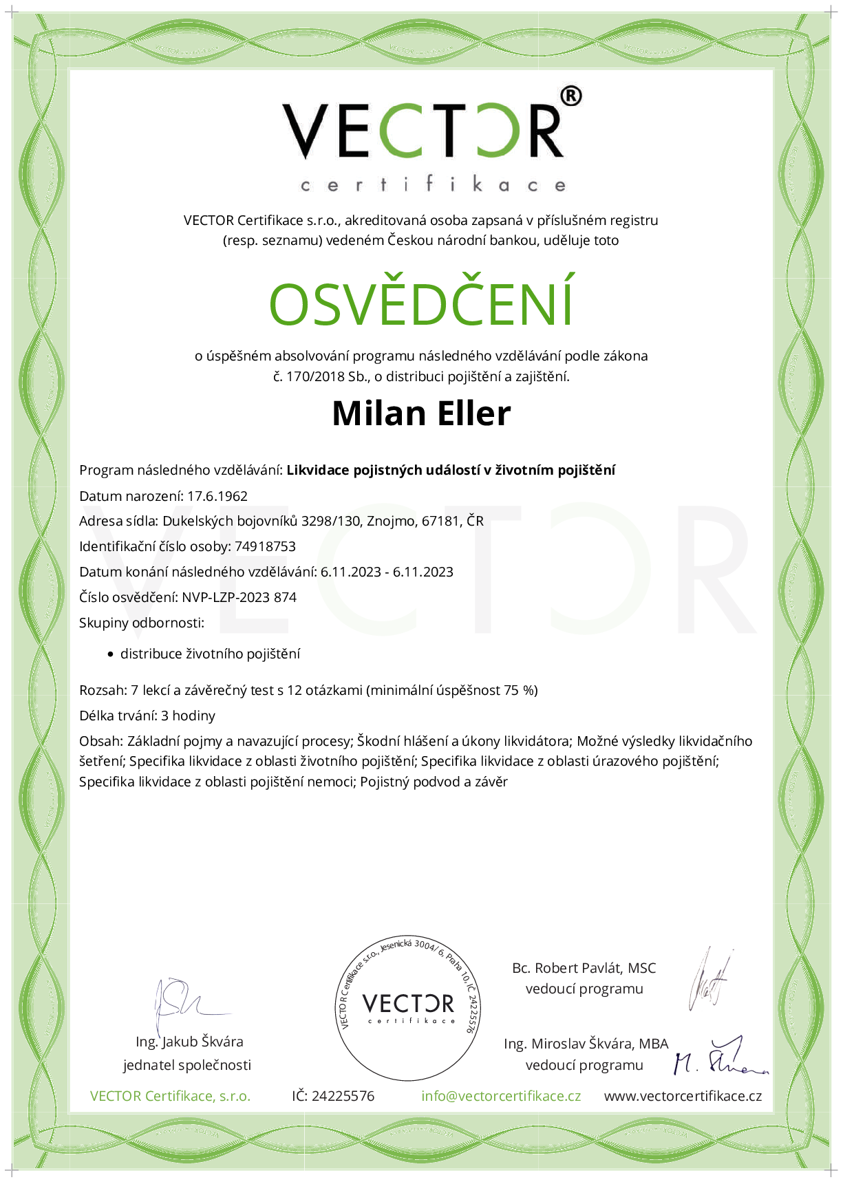Osvědčení kurzu: Likvidace pojistných událostí v životním pojištění (NVP-LZP-2023)