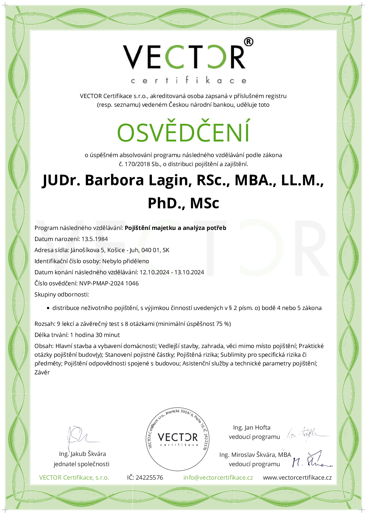 Osvědčení kurzu: Pojištění majetku a analýza potřeb (NVP-PMAP-2024)