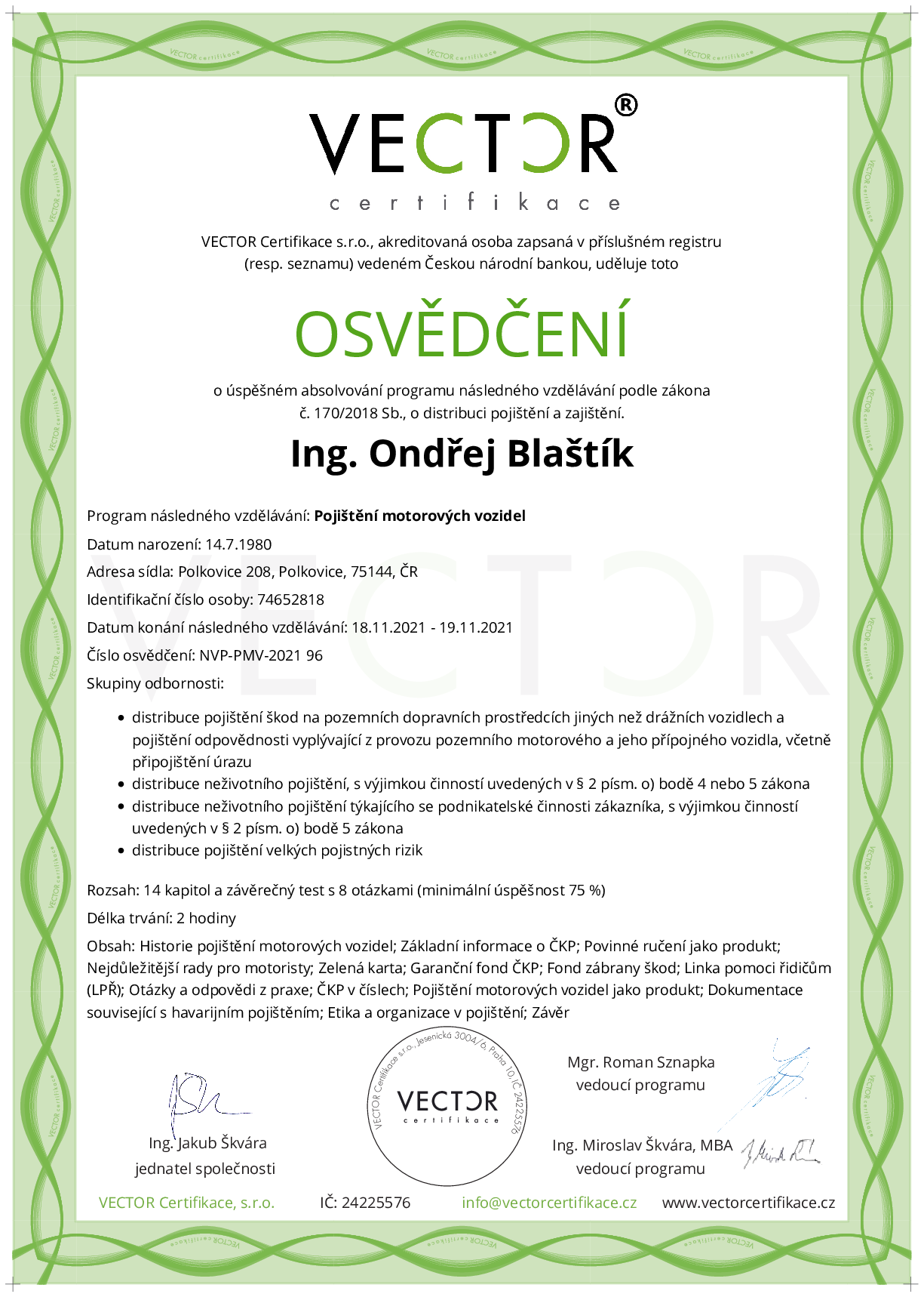 Osvědčení kurzu: Pojištění motorových vozidel (NVP-PMV-2021)