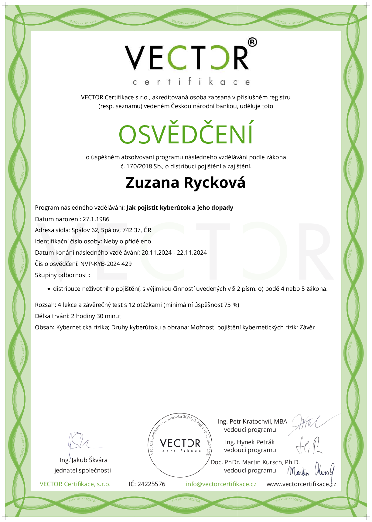 Osvědčení kurzu: Jak pojistit kyberútok a jeho dopady (NVP-KYB-2024)