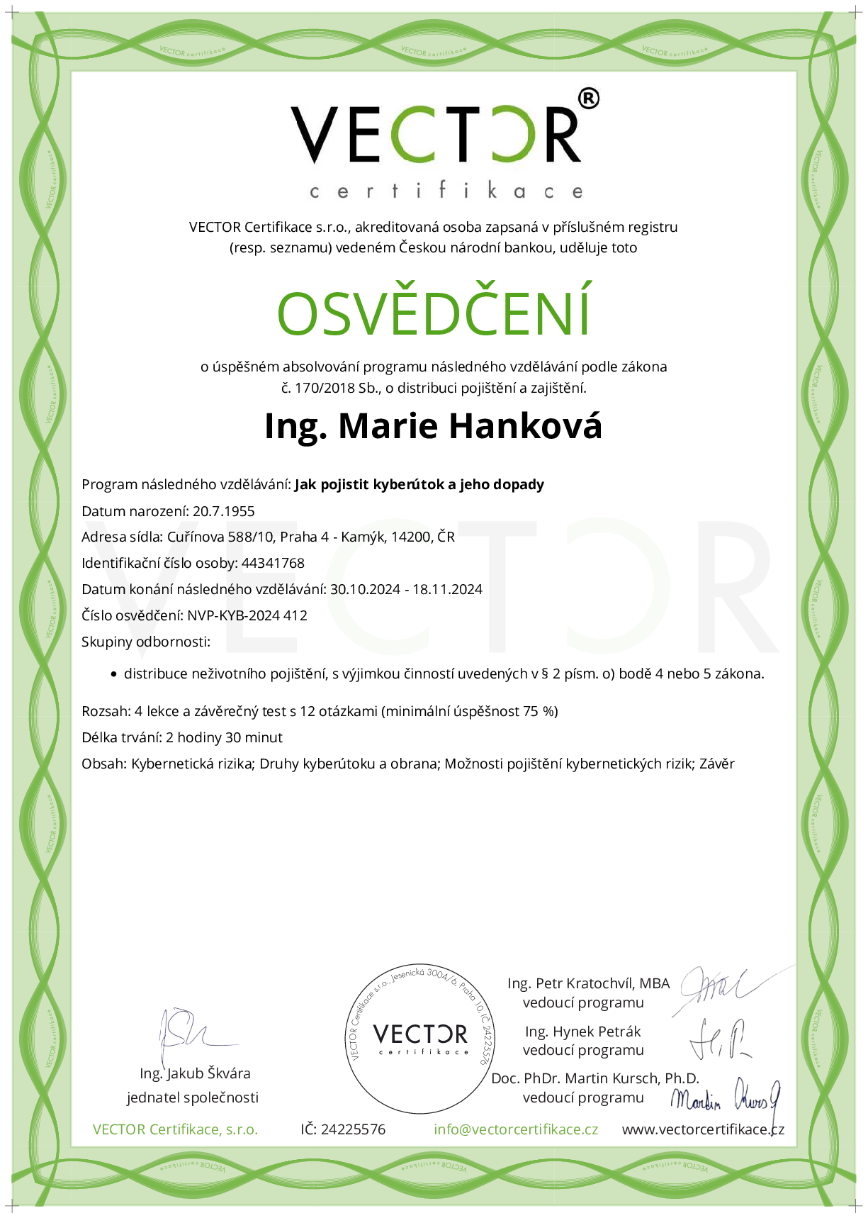 Osvědčení kurzu: Jak pojistit kyberútok a jeho dopady (NVP-KYB-2024)