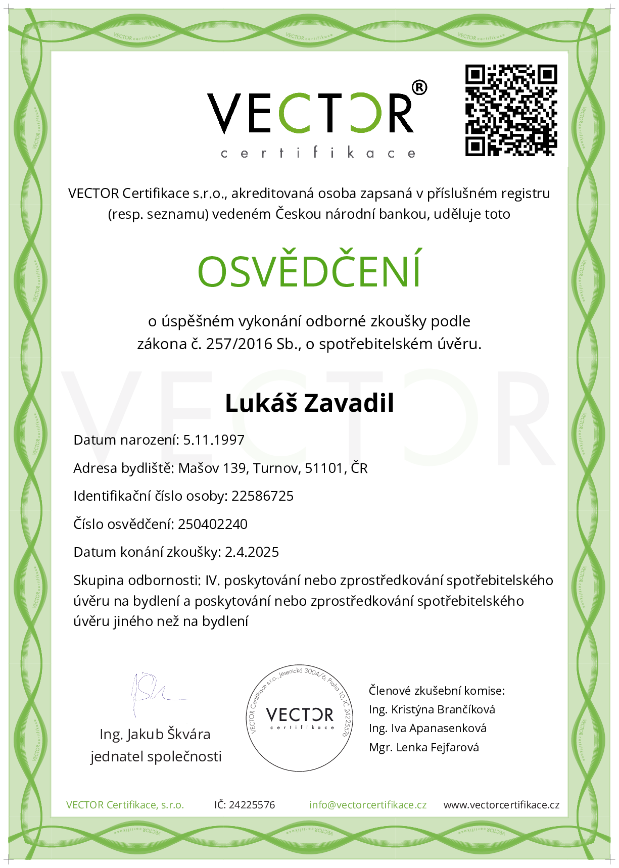 Osvědčení ze zkoušky: IV. ZSU-ABC - Souhrnná zkouška na úvěry