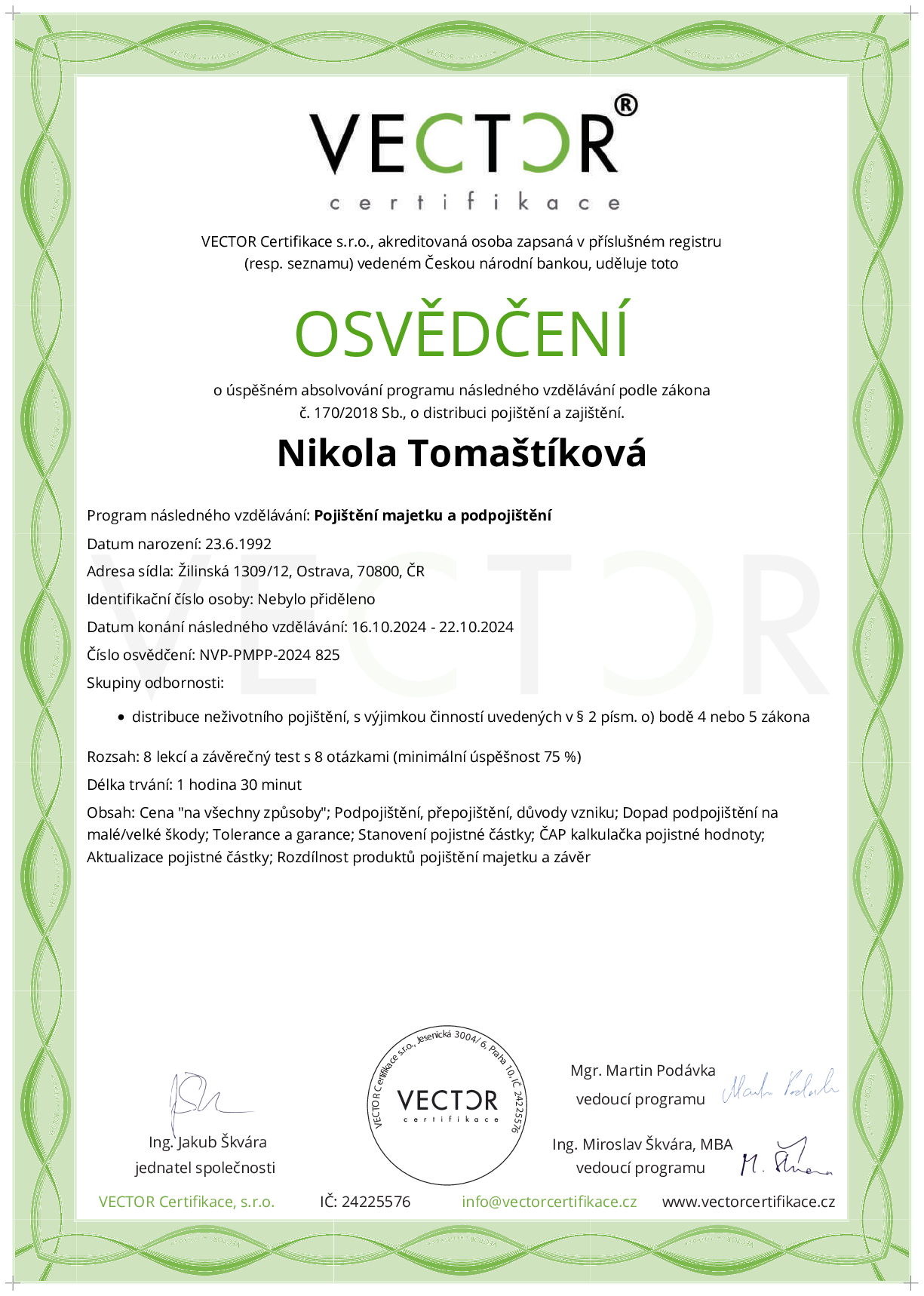 Osvědčení kurzu: Pojištění majetku a podpojištění (NVP-PMPP-2024)