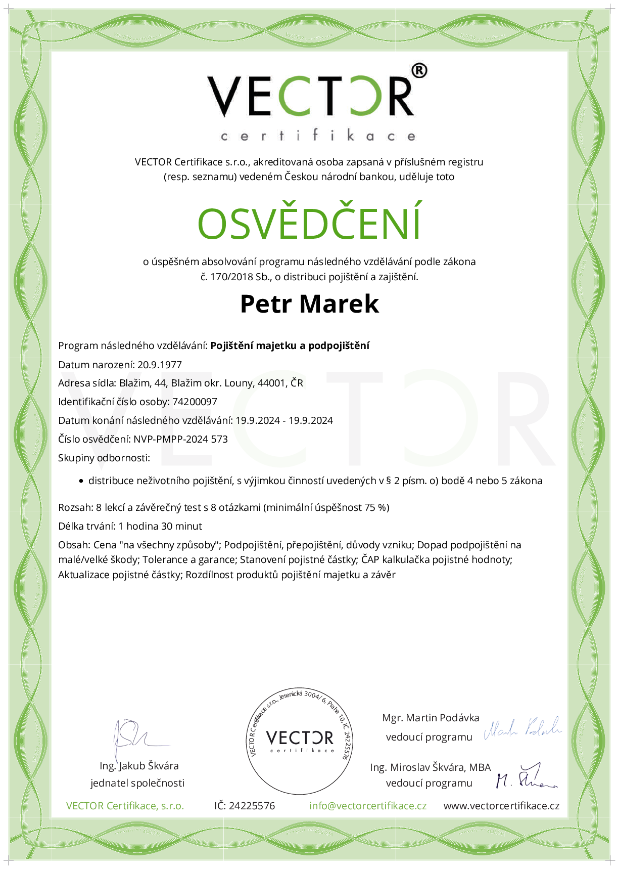 Osvědčení kurzu: Pojištění majetku a podpojištění (NVP-PMPP-2024)