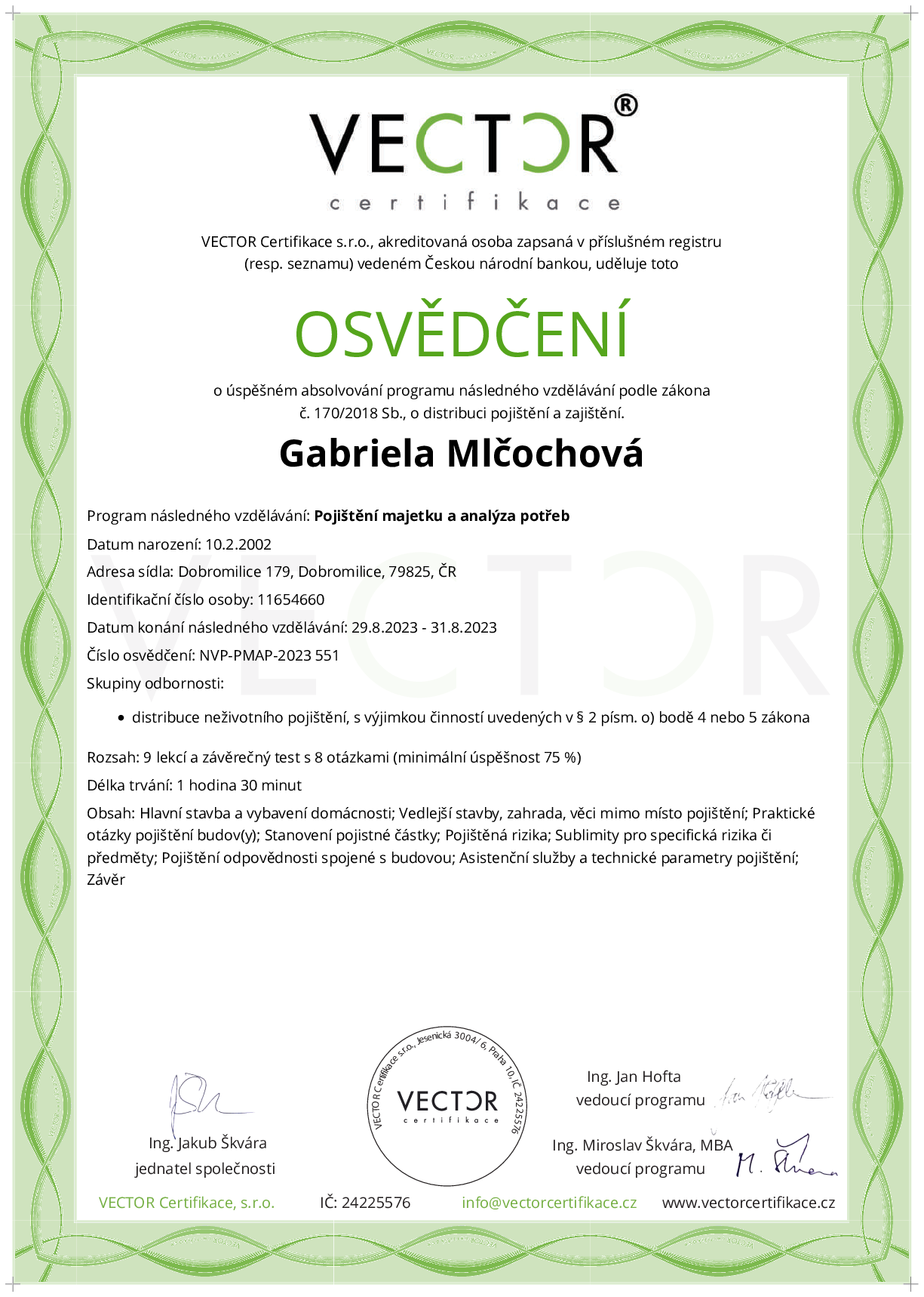 Osvědčení kurzu: Pojištění majetku a analýza potřeb (NVP-PMAP-2023)