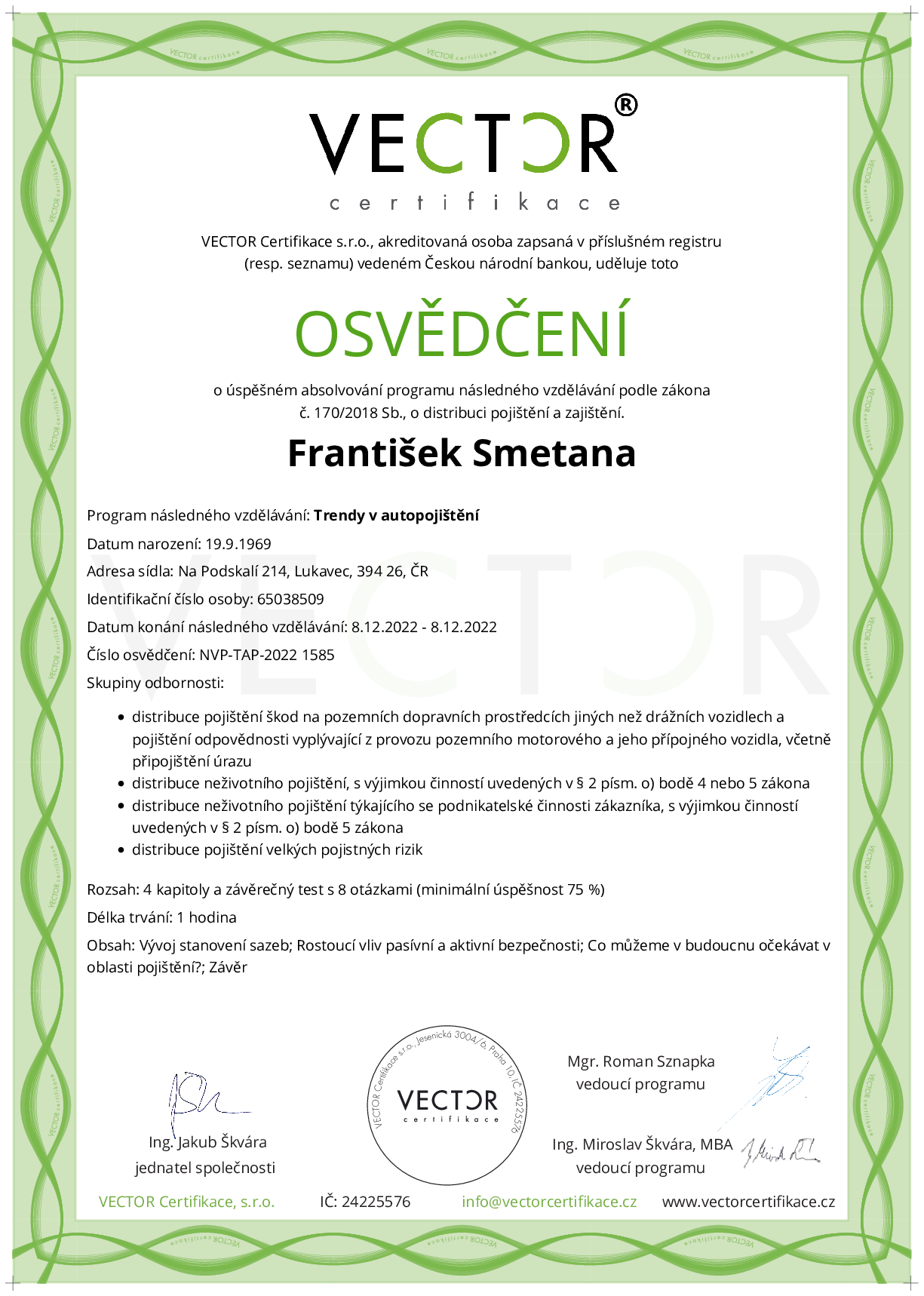 Osvědčení kurzu: Trendy v autopojištění (NVP-TAP-2022)