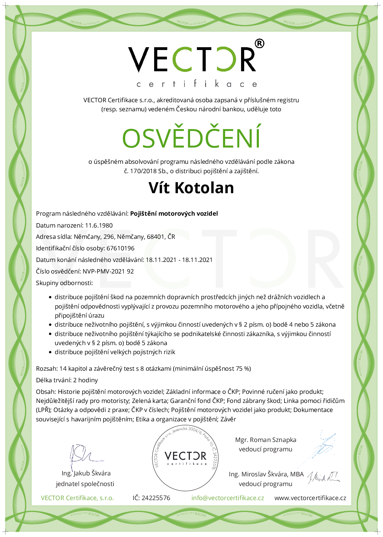 Osvědčení kurzu: Pojištění motorových vozidel (NVP-PMV-2021)