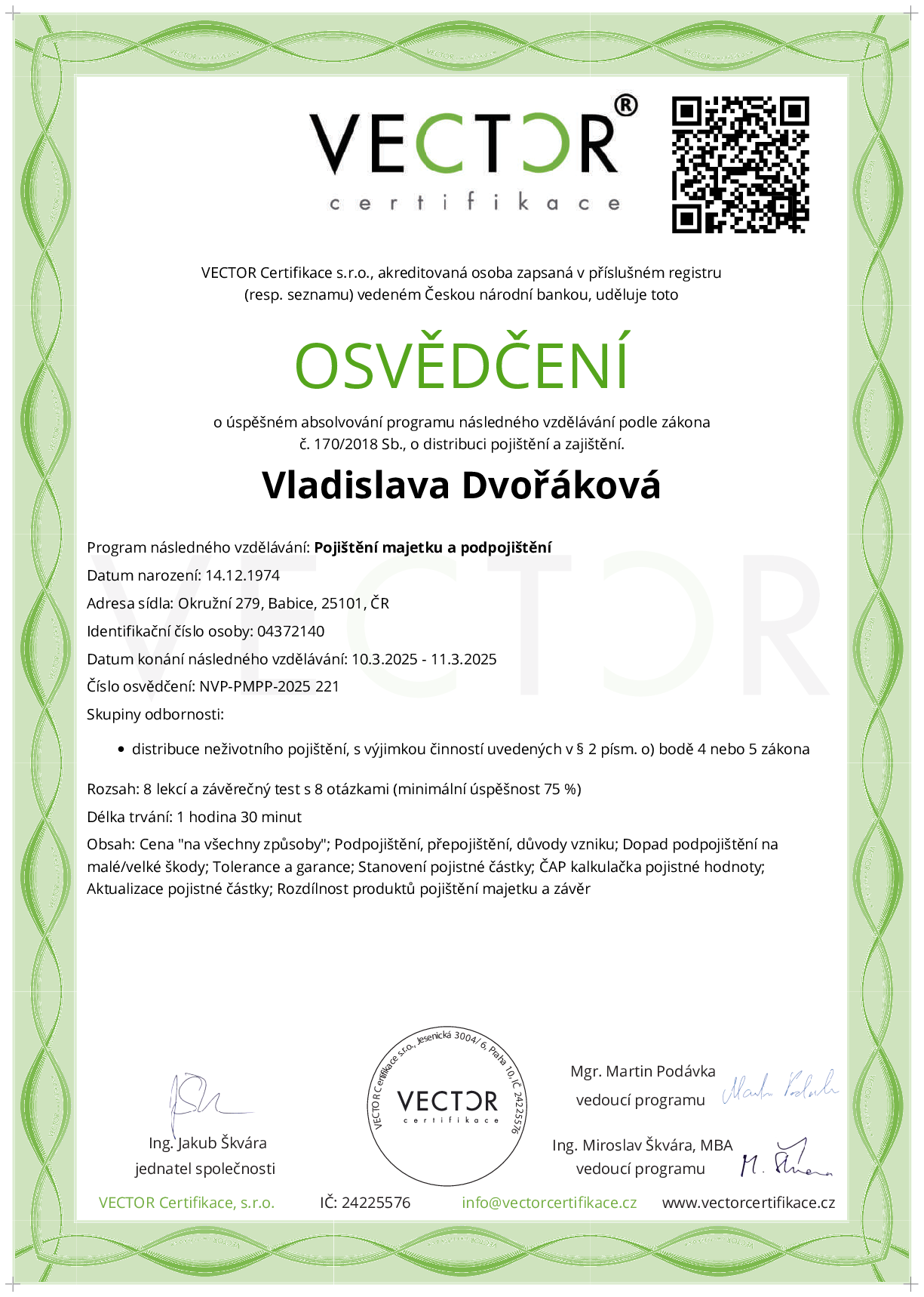 Osvědčení kurzu: Pojištění majetku a podpojištění (NVP-PMPP-2025)