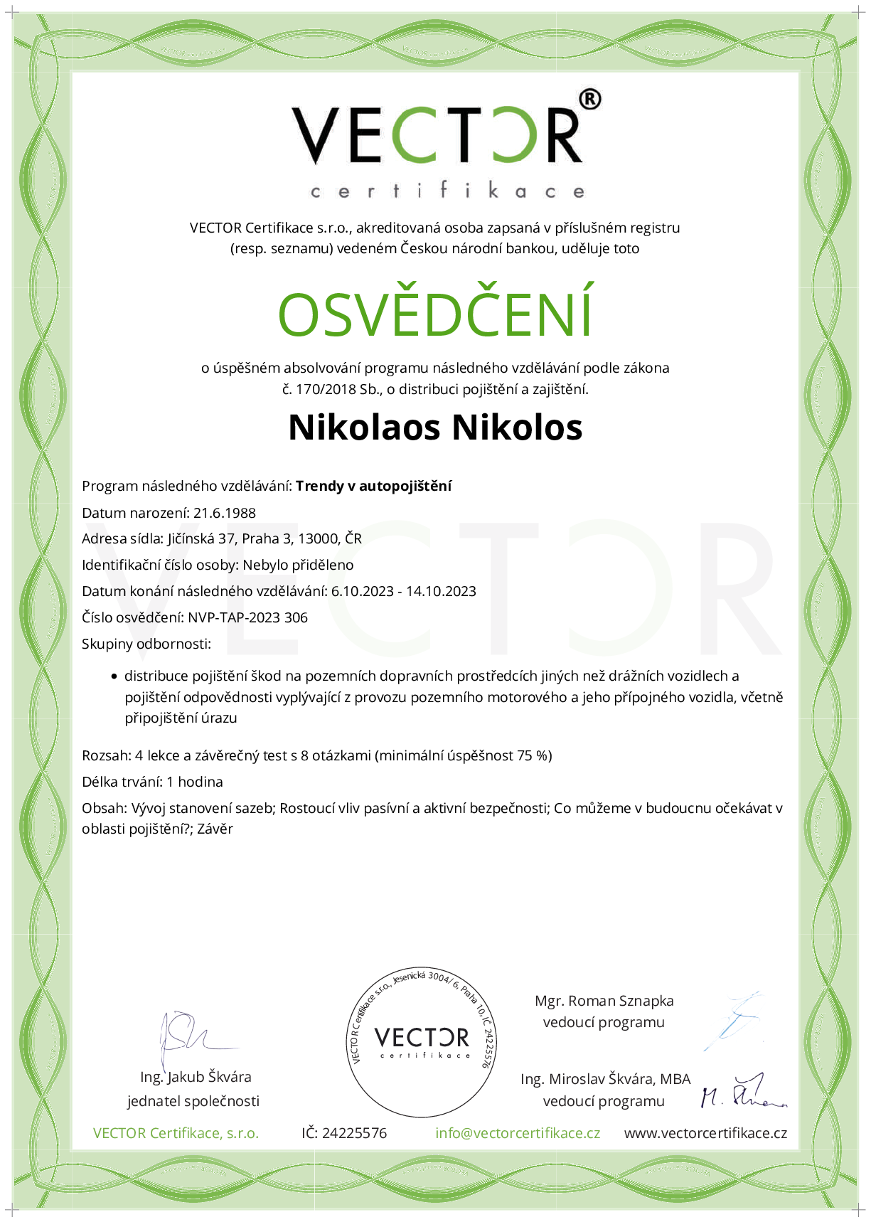 Osvědčení kurzu: Trendy v autopojištění (NVP-TAP-2023)