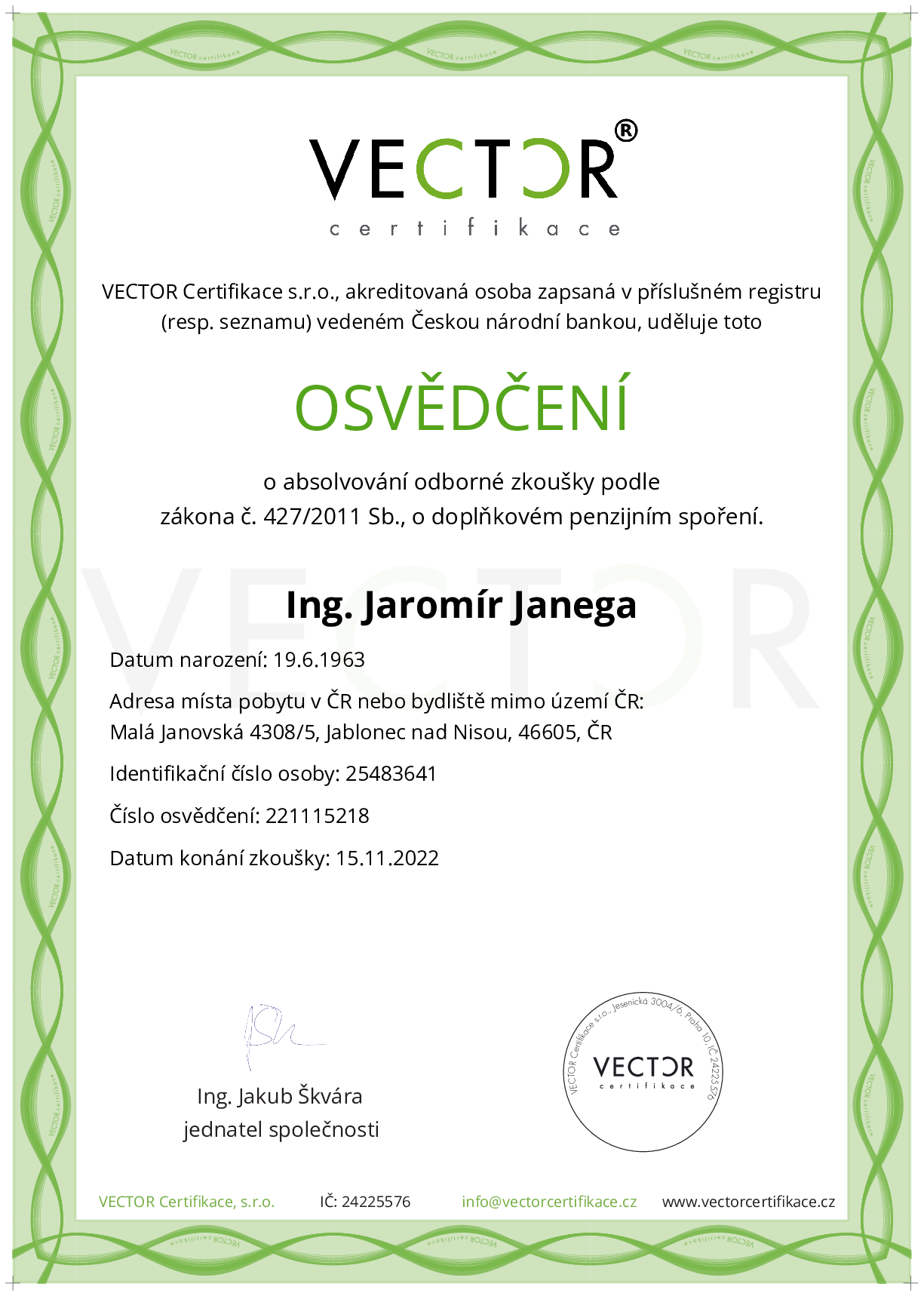 Osvědčení ze zkoušky: DPS - Doplňkové penzijní spoření