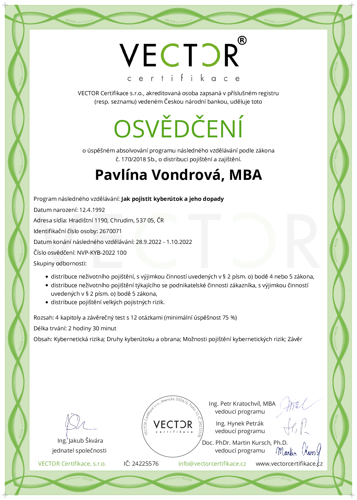 Osvědčení kurzu: Jak pojistit kyberútok a jeho dopady (NVP-KYB-2022)