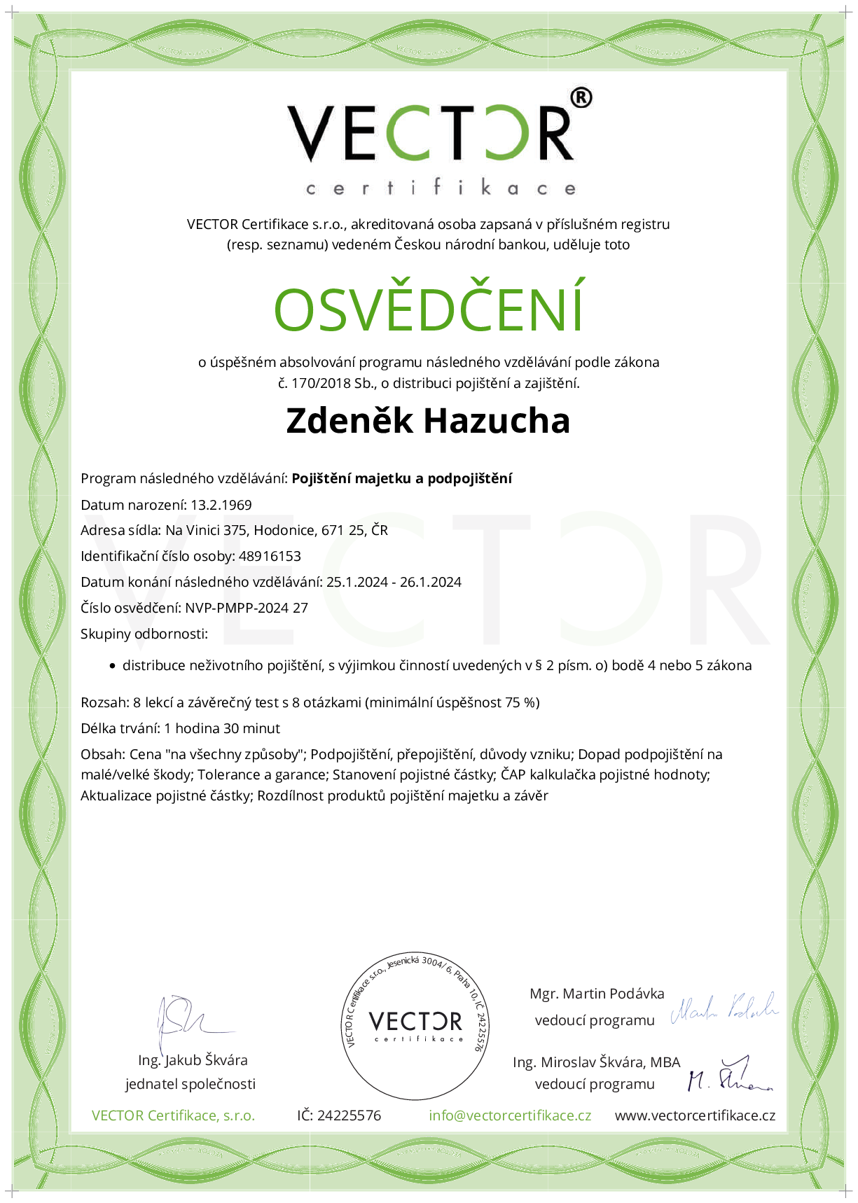 Osvědčení kurzu: Pojištění majetku a podpojištění (NVP-PMPP-2024)