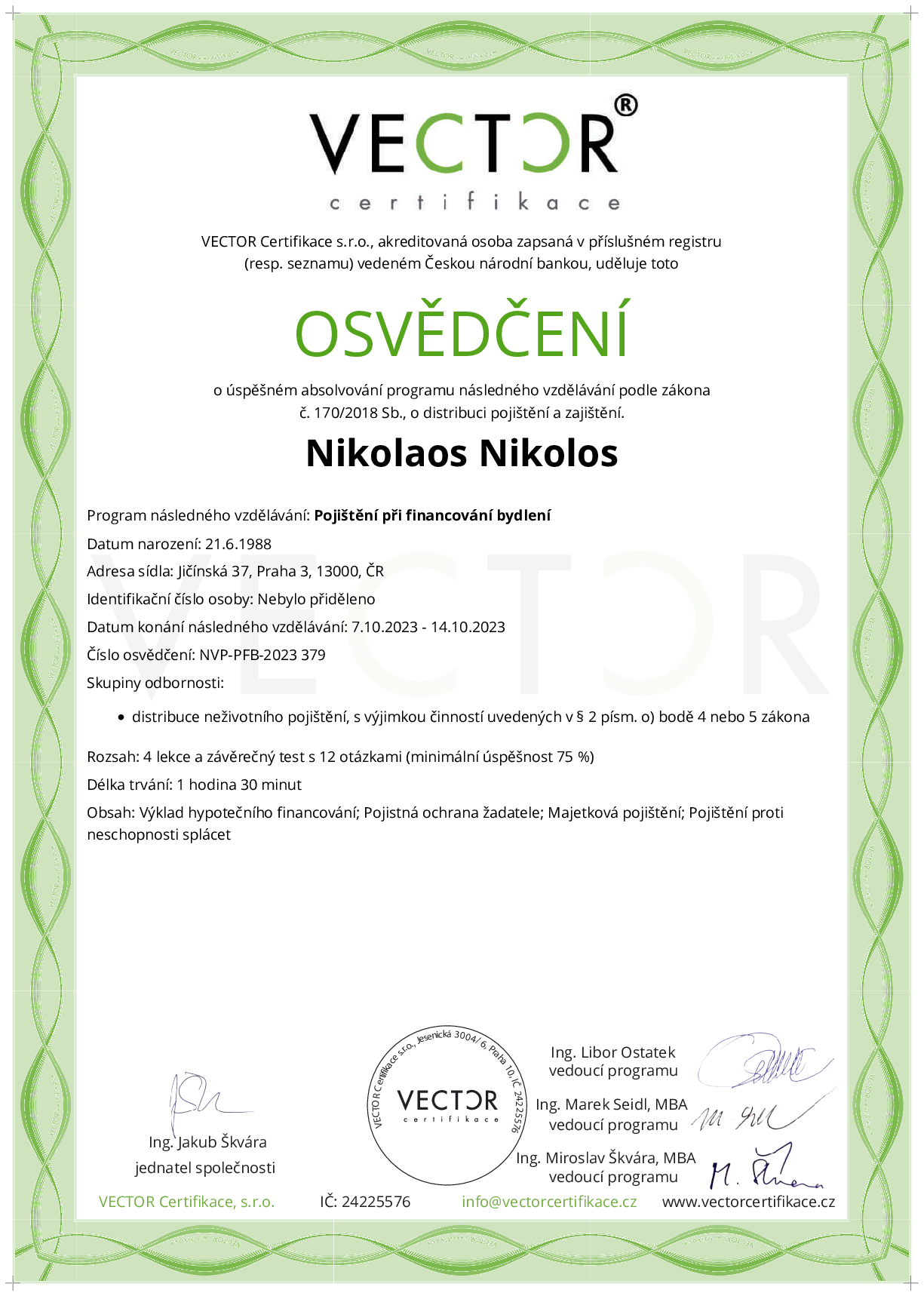 Osvědčení kurzu: Pojištění při financování bydlení (NVP-PFB-2023)