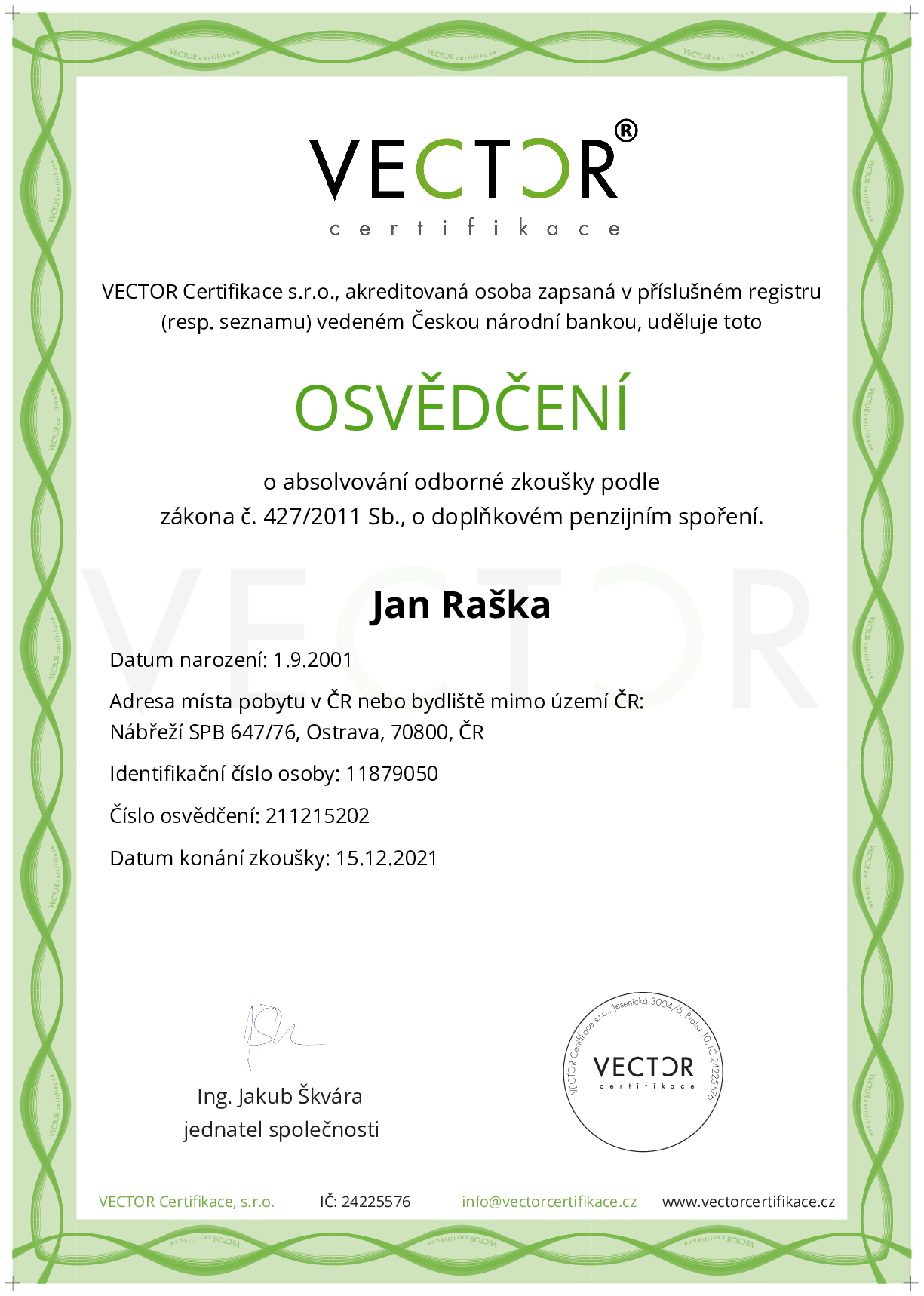 Osvědčení ze zkoušky: DPS - Doplňkové penzijní spoření