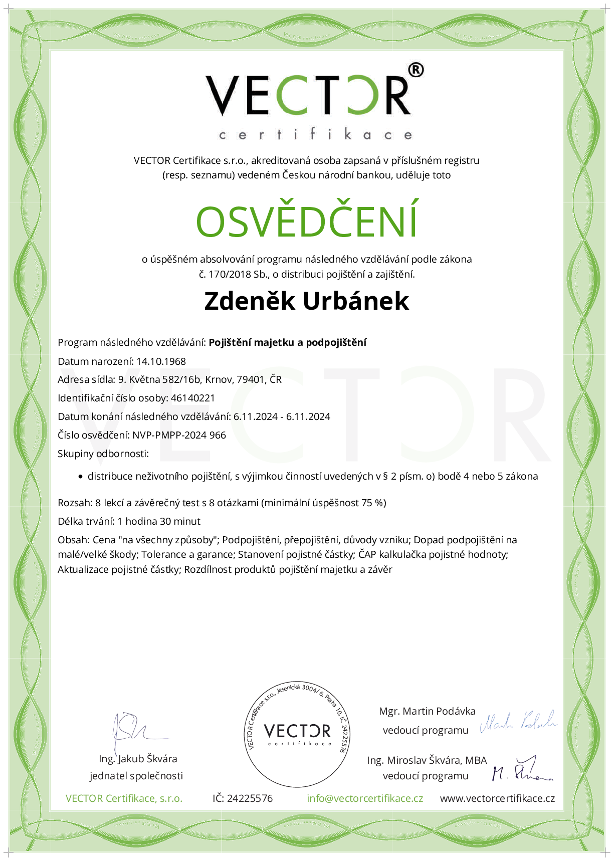 Osvědčení kurzu: Pojištění majetku a podpojištění (NVP-PMPP-2024)