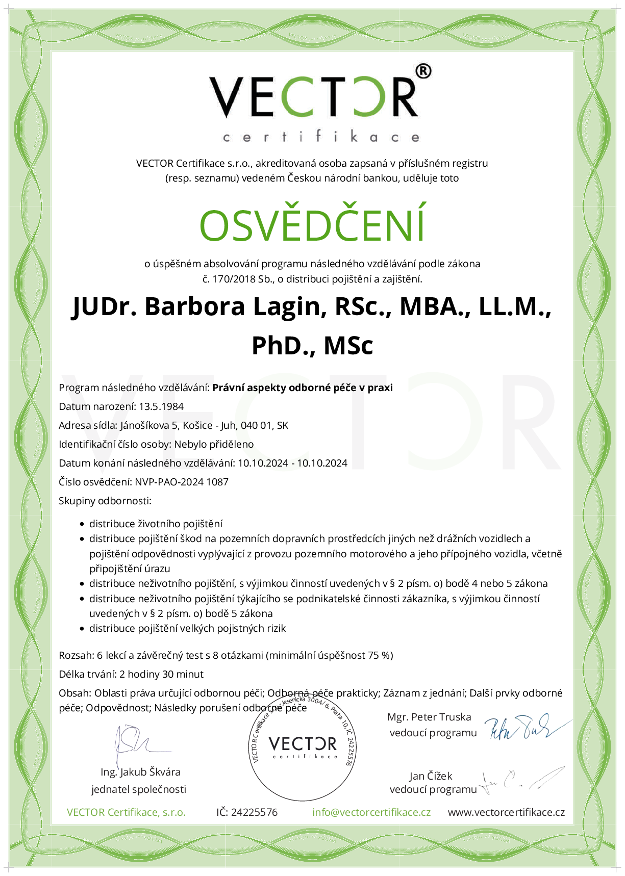 Osvědčení kurzu: Právní aspekty odborné péče v praxi (NVP-PAO-2024)