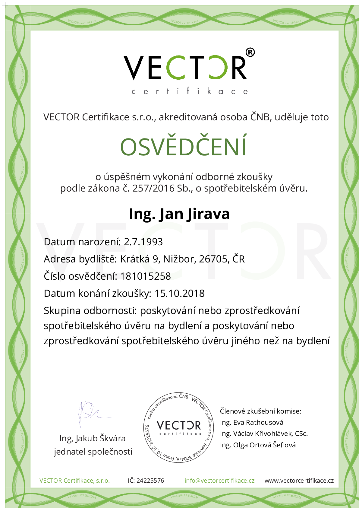 Osvědčení ze zkoušky: IV. ZSU-ABC - Souhrnná zkouška na úvěry