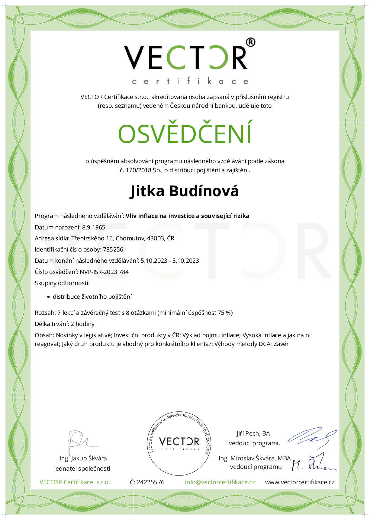 Osvědčení kurzu: Vliv inflace na investice a související rizika (NVP-ISR-2023)