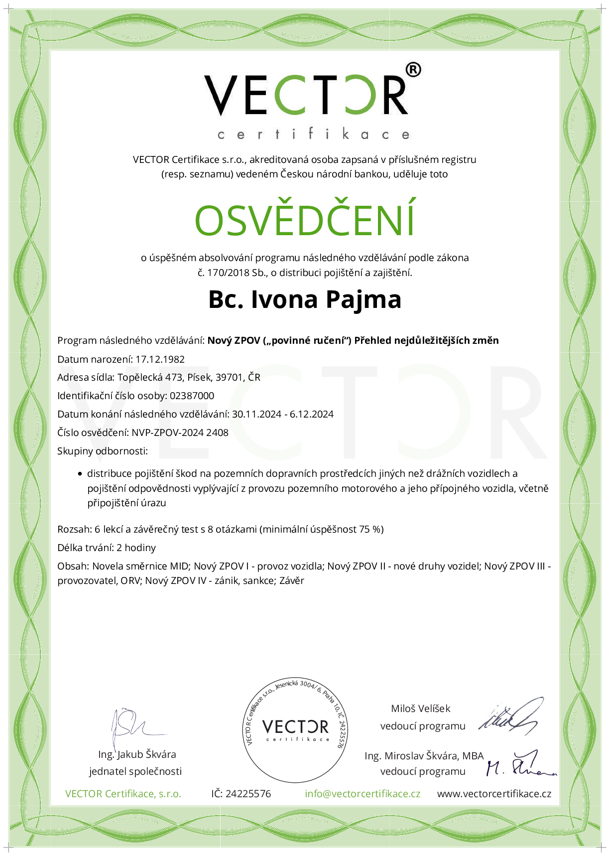 Osvědčení kurzu: Nový ZPOV („povinné ručení“) Přehled nejdůležitějších změn (NVP-ZPOV-2024)