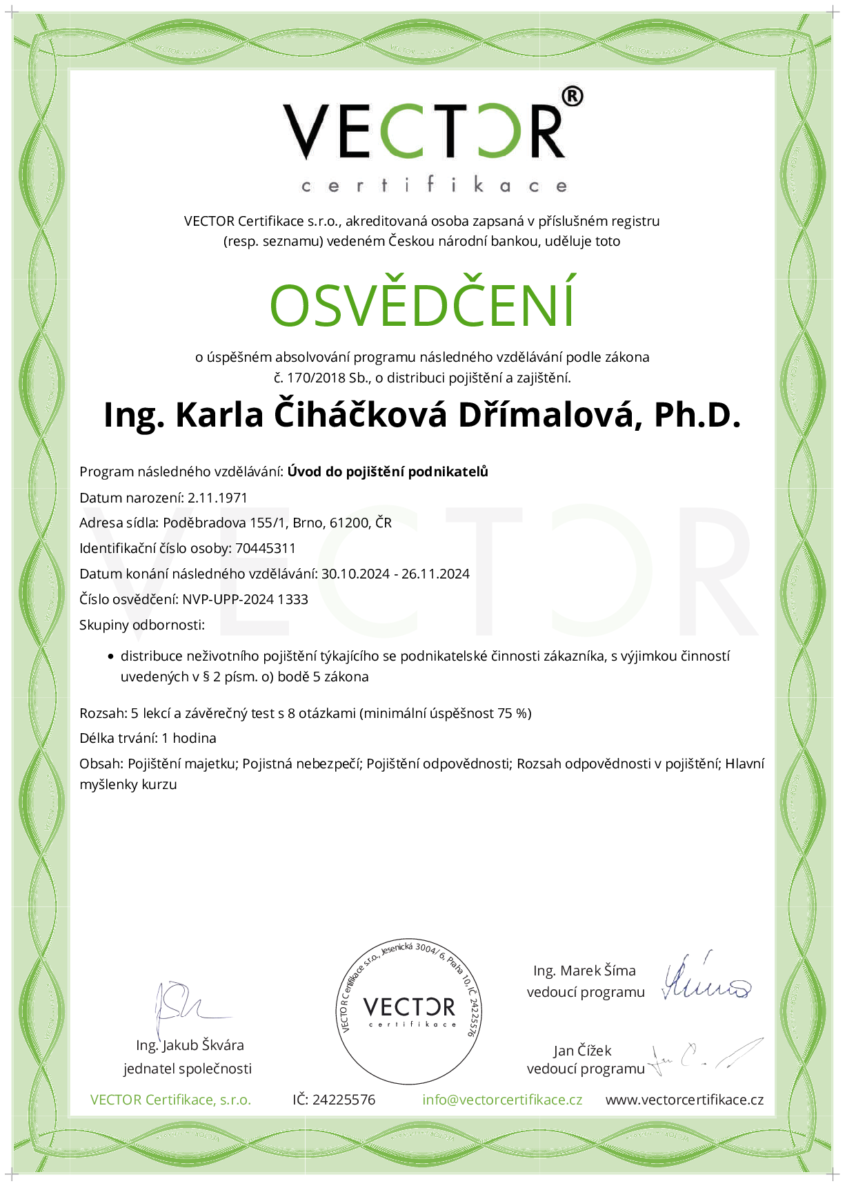 Osvědčení kurzu: Úvod do pojištění podnikatelů (NVP-UPP-2024)