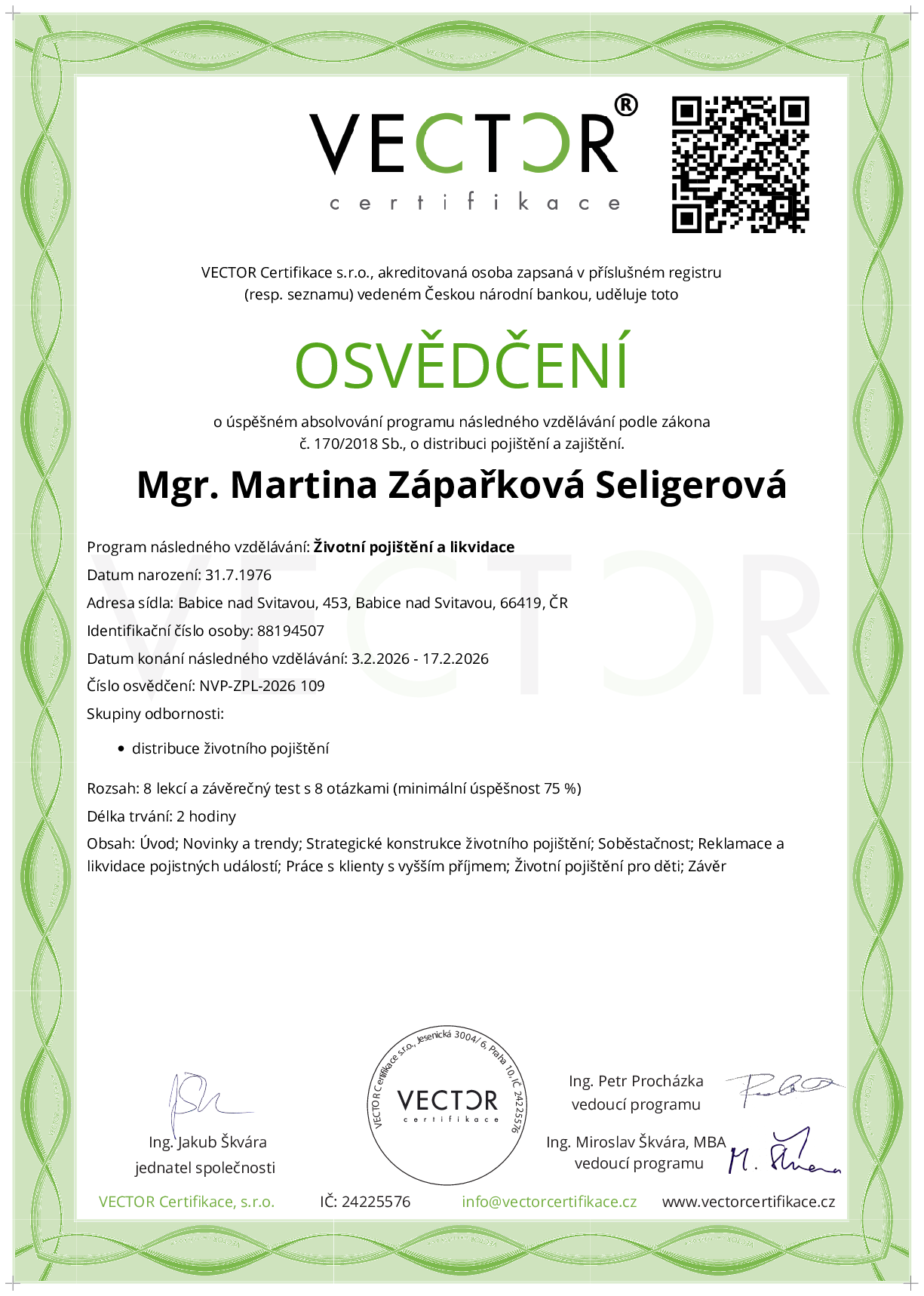 Osvědčení kurzu: Životní pojištění a likvidace (NVP-ZPL-2026)