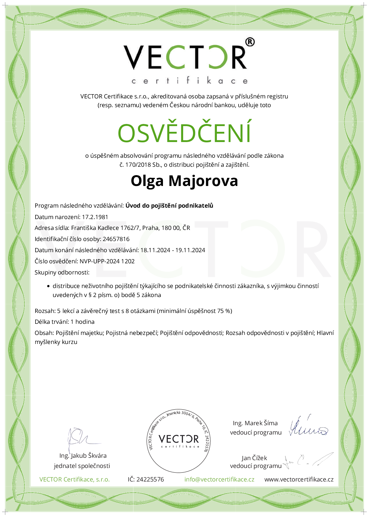 Osvědčení kurzu: Úvod do pojištění podnikatelů (NVP-UPP-2024)