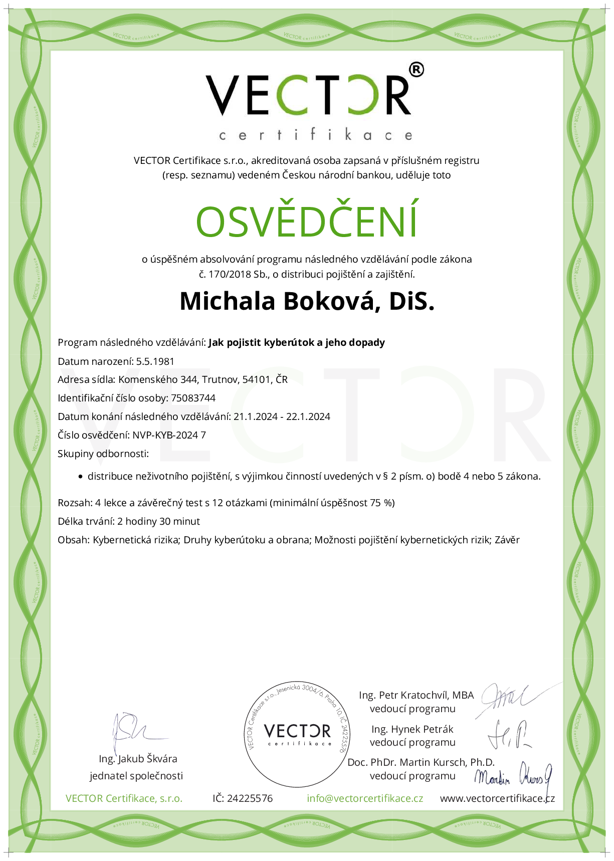 Osvědčení kurzu: Jak pojistit kyberútok a jeho dopady (NVP-KYB-2024)