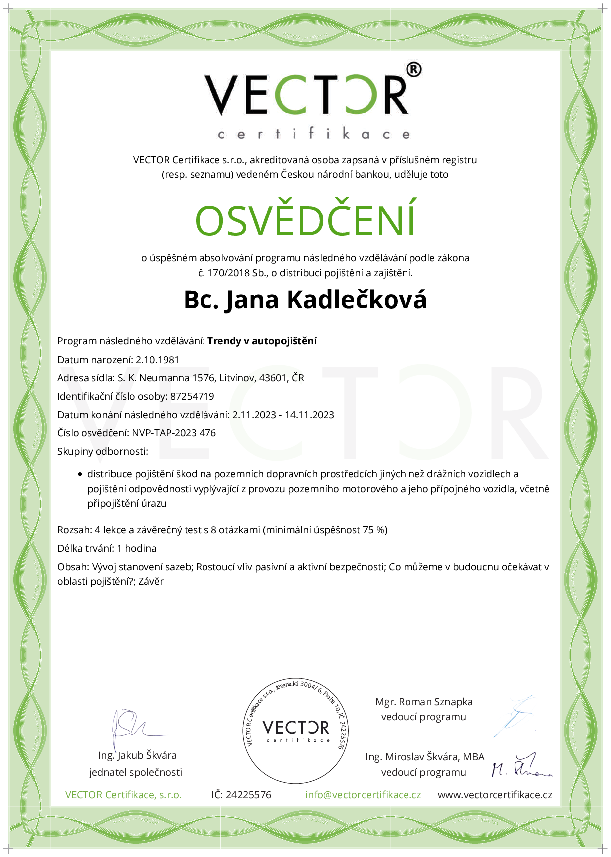 Osvědčení kurzu: Trendy v autopojištění (NVP-TAP-2023)