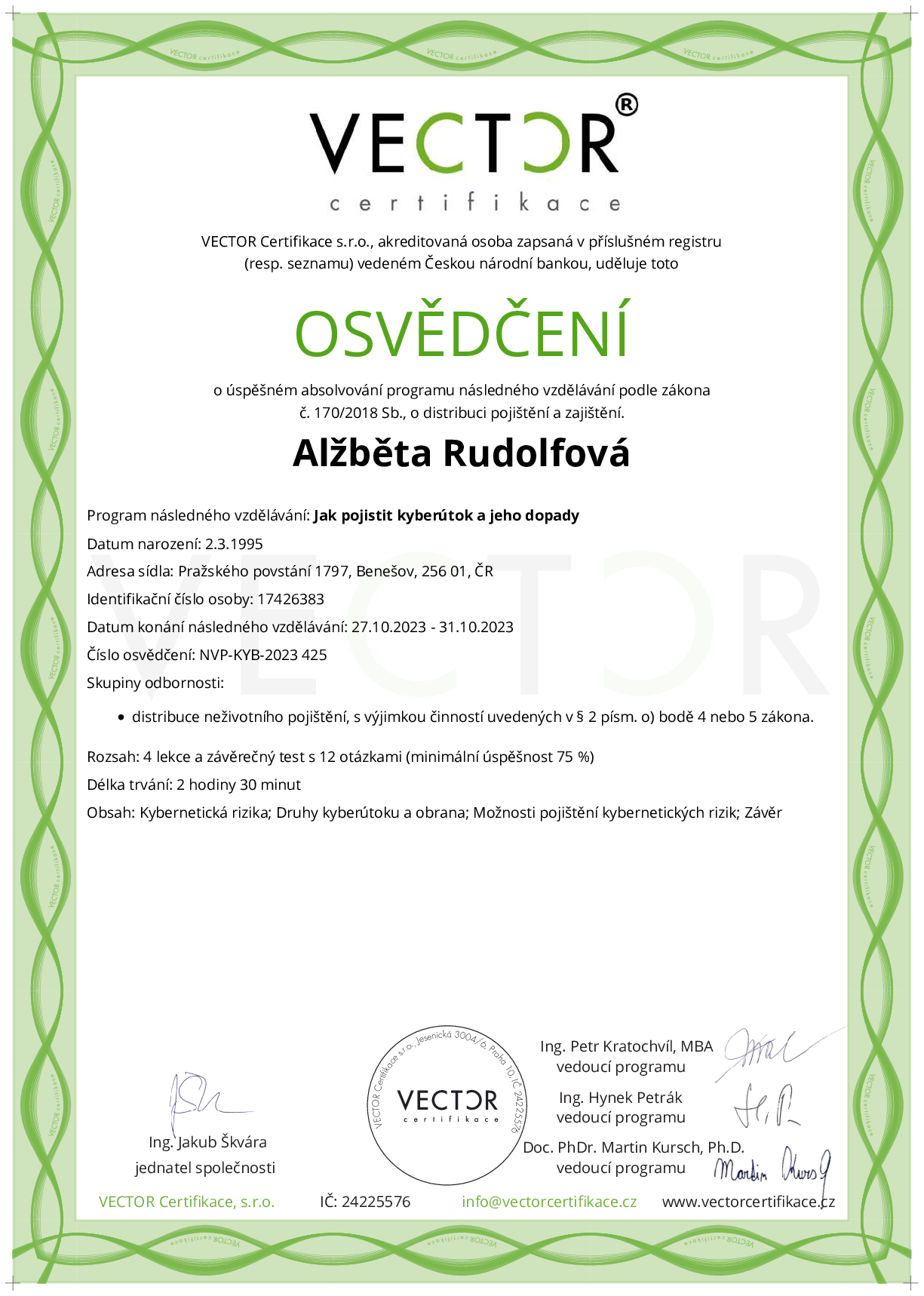 Osvědčení kurzu: Jak pojistit kyberútok a jeho dopady (NVP-KYB-2023)