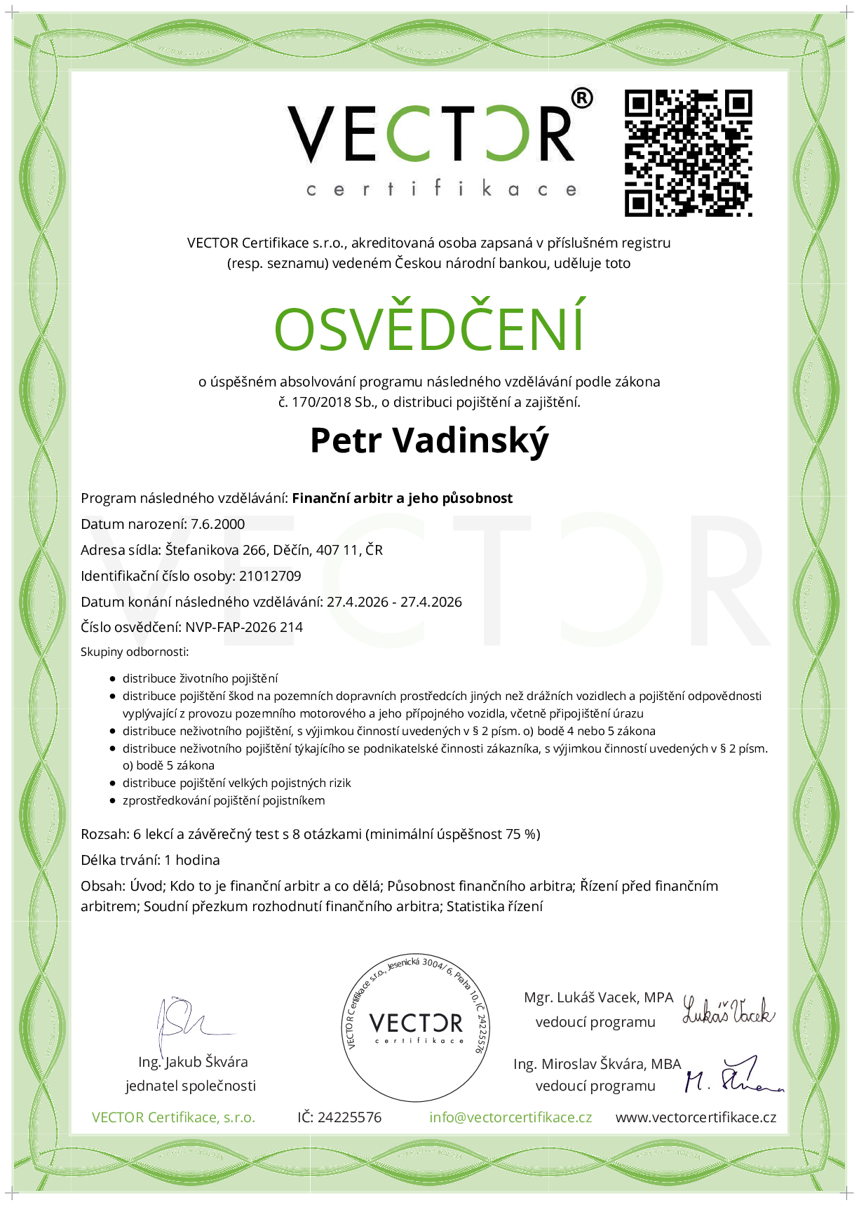 Osvědčení kurzu: Finanční arbitr a jeho působnost (NVP-FAP-2026)