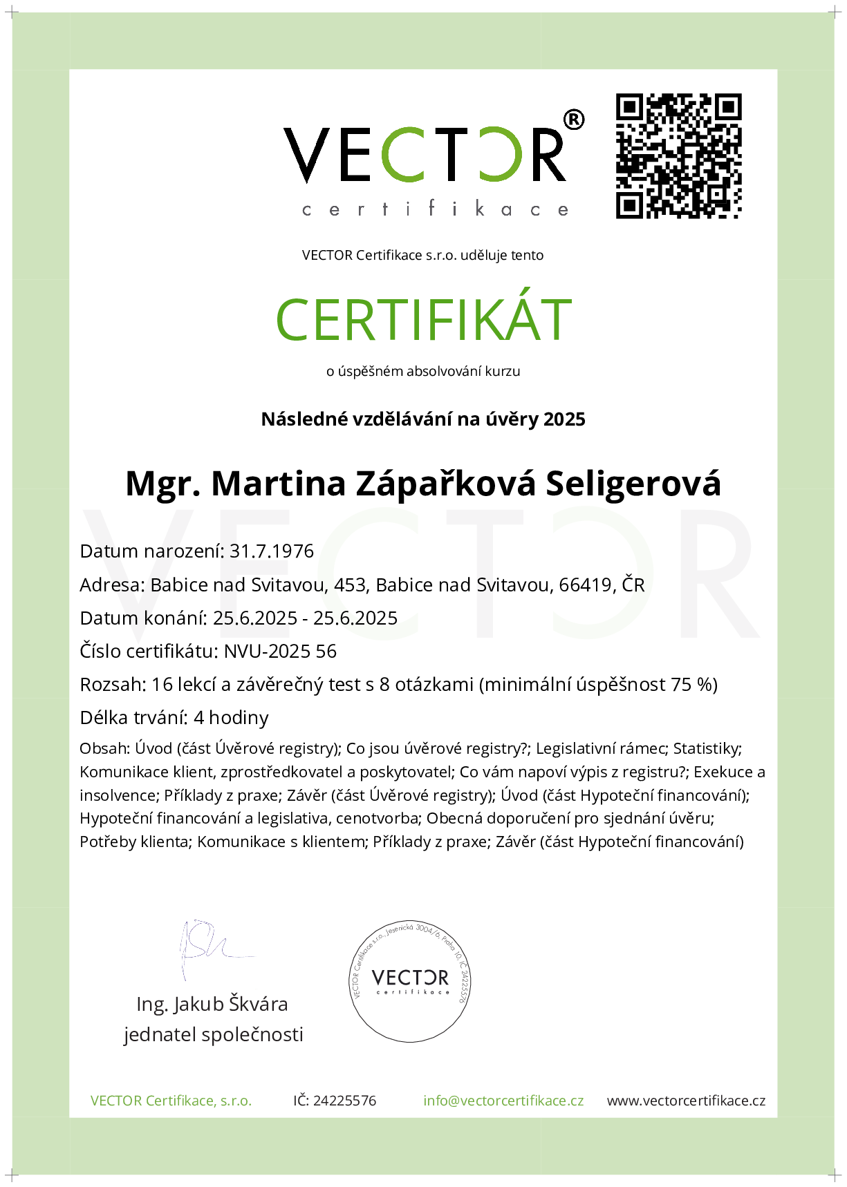 Osvědčení kurzu: Následné vzdělávání na úvěry 2025 (NVU-2025)