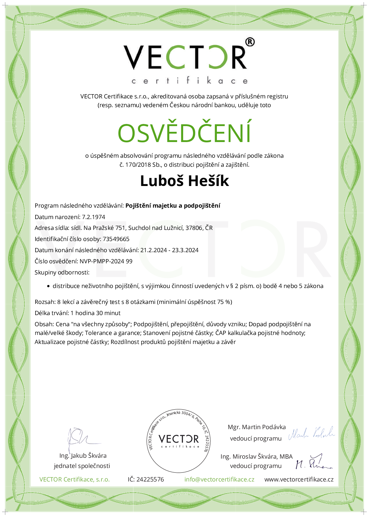 Osvědčení kurzu: Pojištění majetku a podpojištění (NVP-PMPP-2024)