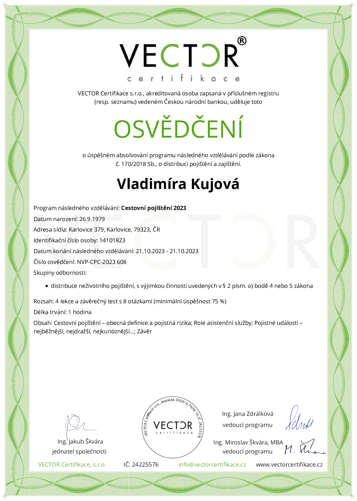 Osvědčení kurzu: Cestovní pojištění 2023 (NVP-CPC-2023)