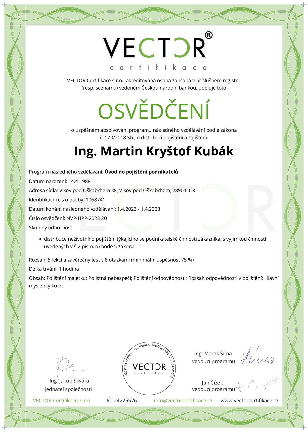 Osvědčení kurzu: Úvod do pojištění podnikatelů (NVP-UPP-2023)