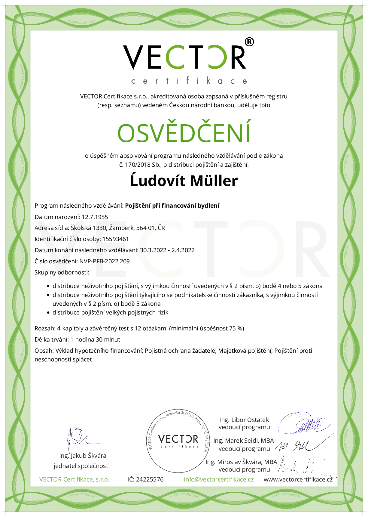 Osvědčení kurzu: Pojištění při financování bydlení (NVP-PFB-2022)