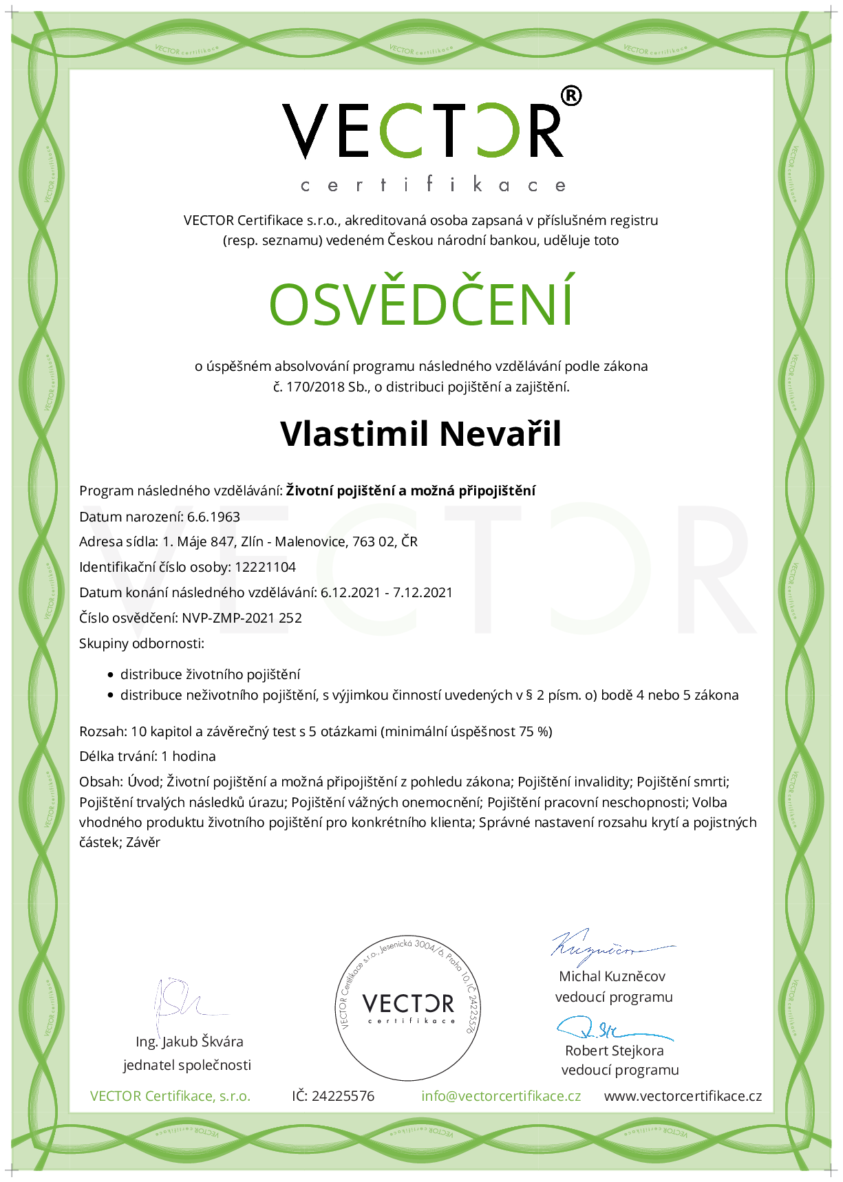 Osvědčení kurzu: Životní pojištění a možná připojištění (NVP-ZMP-2021)
