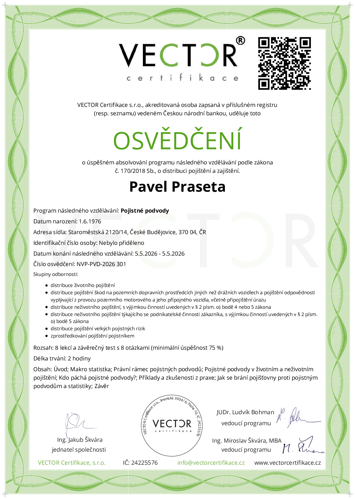 Osvědčení kurzu: Pojistné podvody (NVP-PVD-2026)