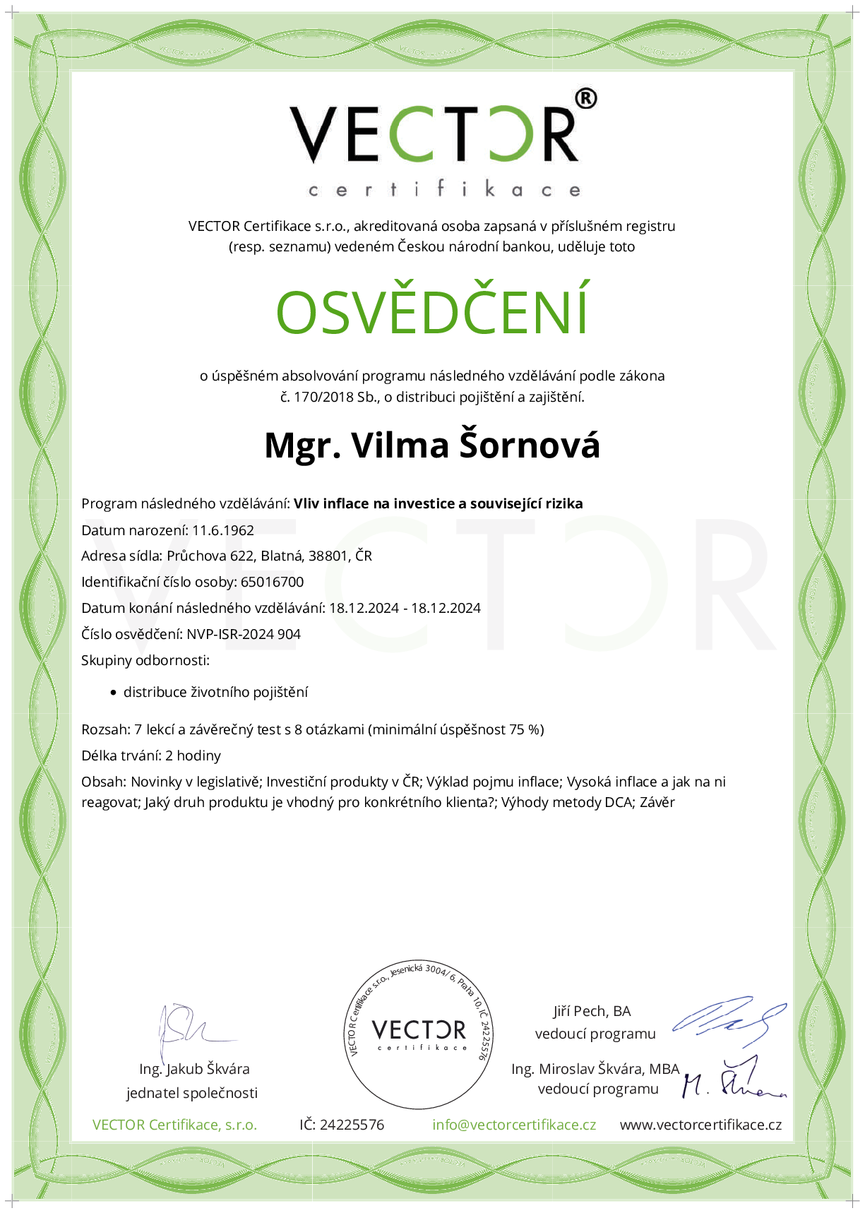 Osvědčení kurzu: Vliv inflace na investice a související rizika (NVP-ISR-2024)