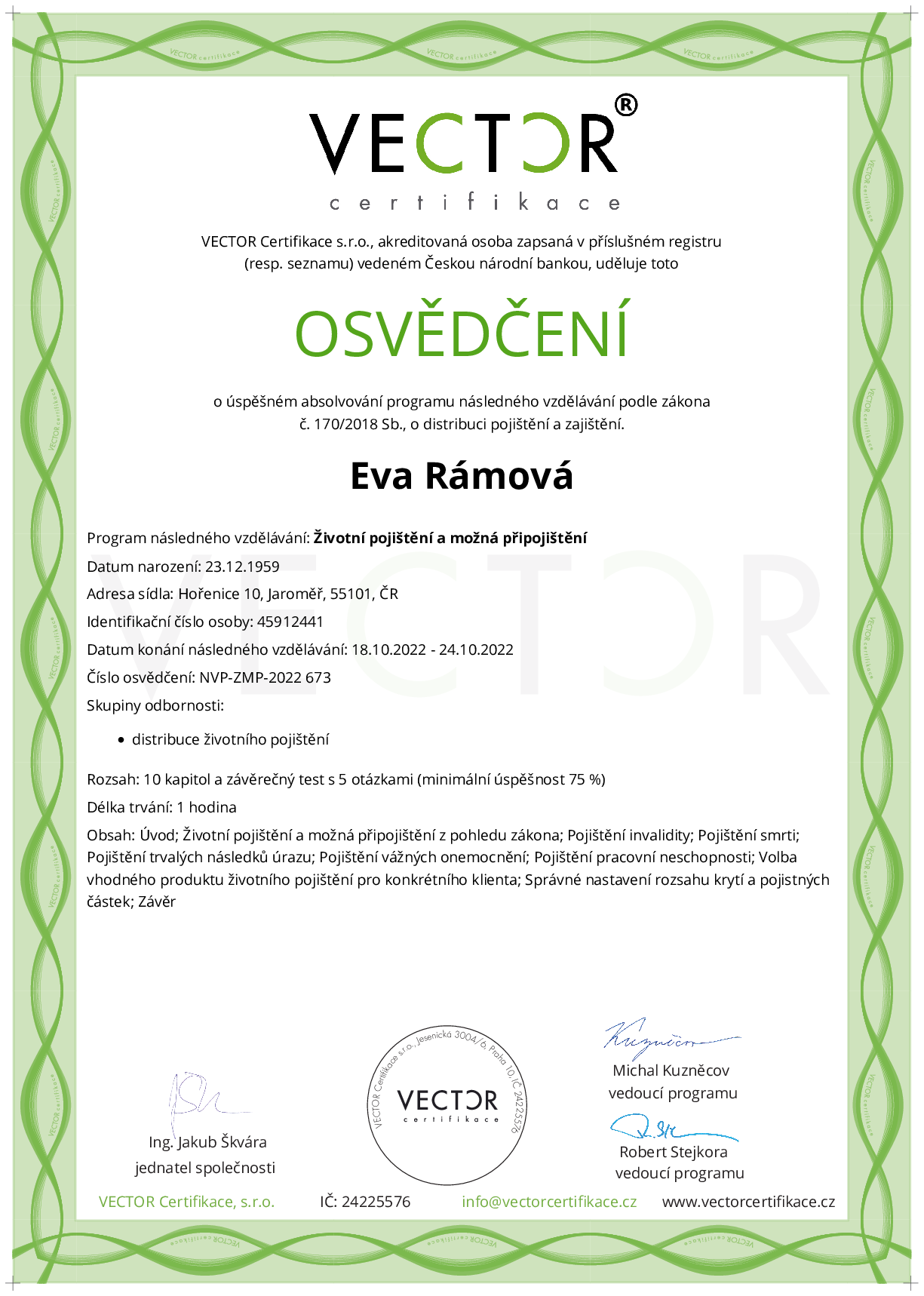 Osvědčení kurzu: Životní pojištění a možná připojištění (NVP-ZMP-2022)