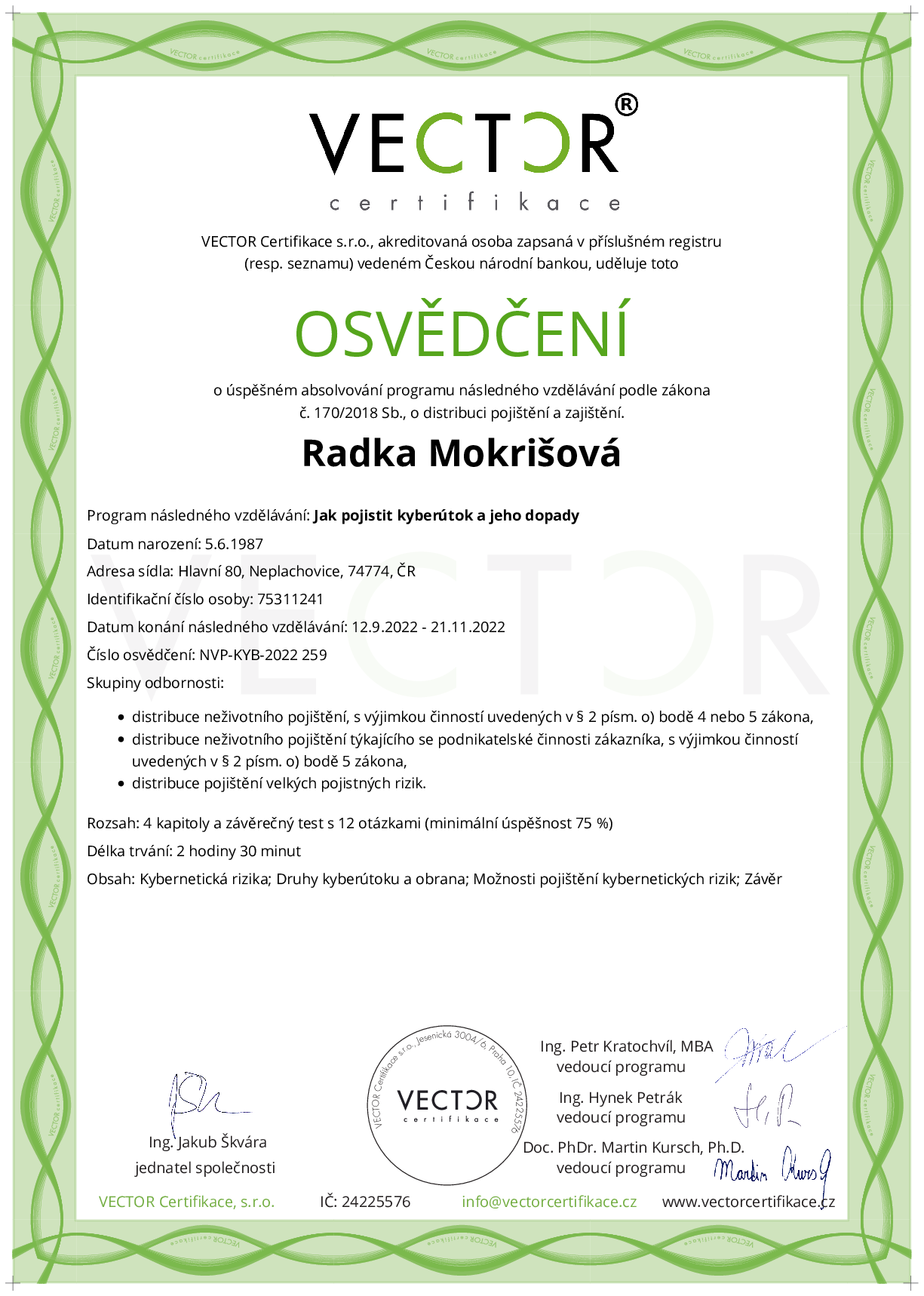 Osvědčení kurzu: Jak pojistit kyberútok a jeho dopady (NVP-KYB-2022)