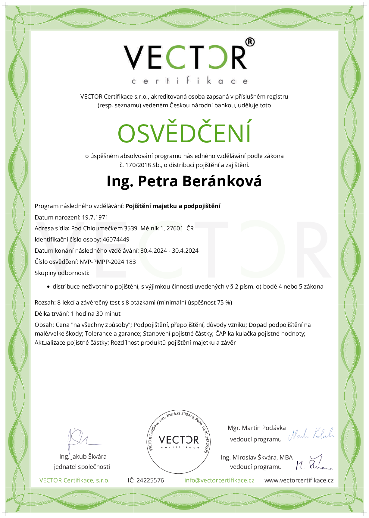 Osvědčení kurzu: Pojištění majetku a podpojištění (NVP-PMPP-2024)