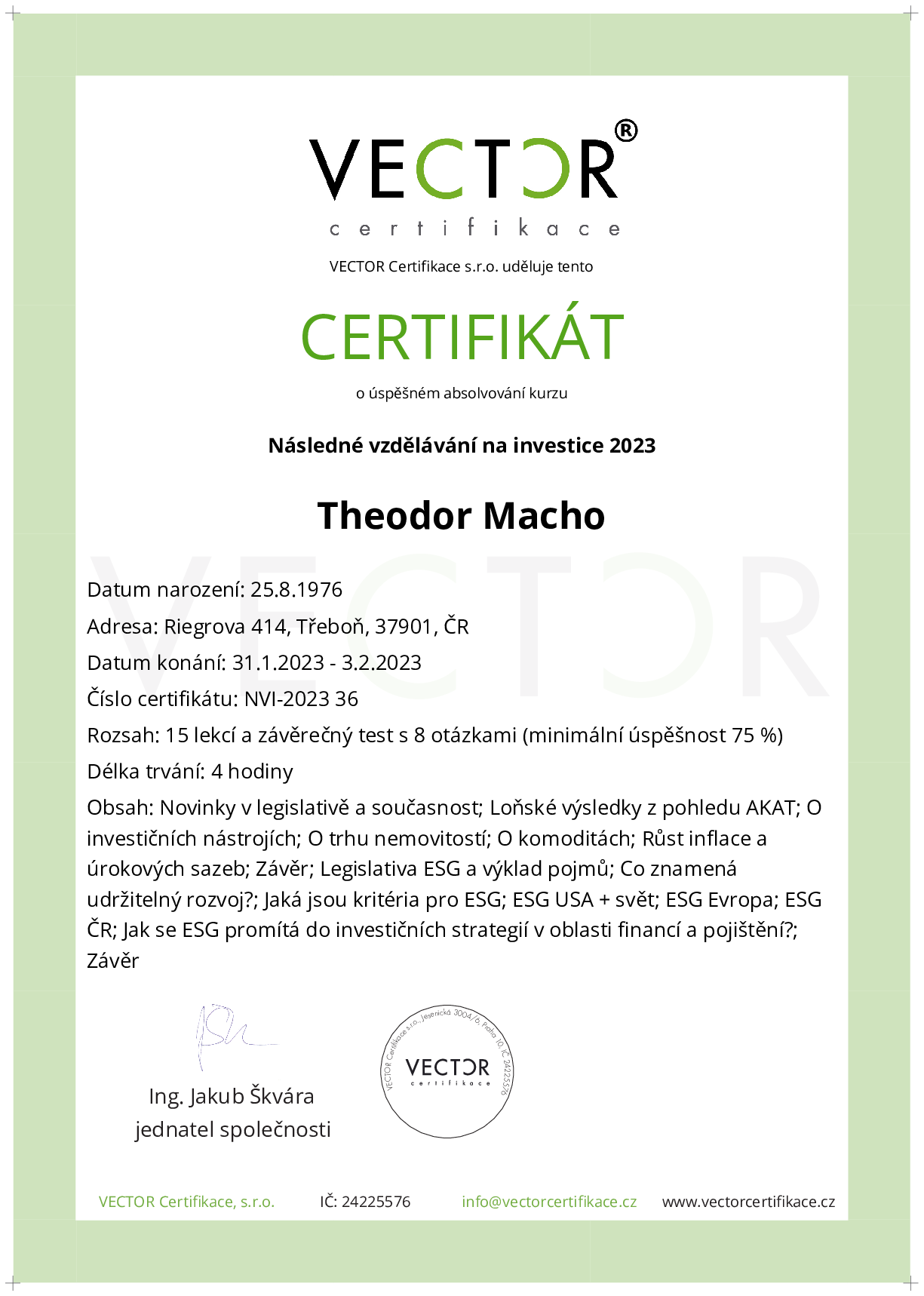 Osvědčení kurzu: Následné vzdělávání na investice 2023 (NVI-2023)